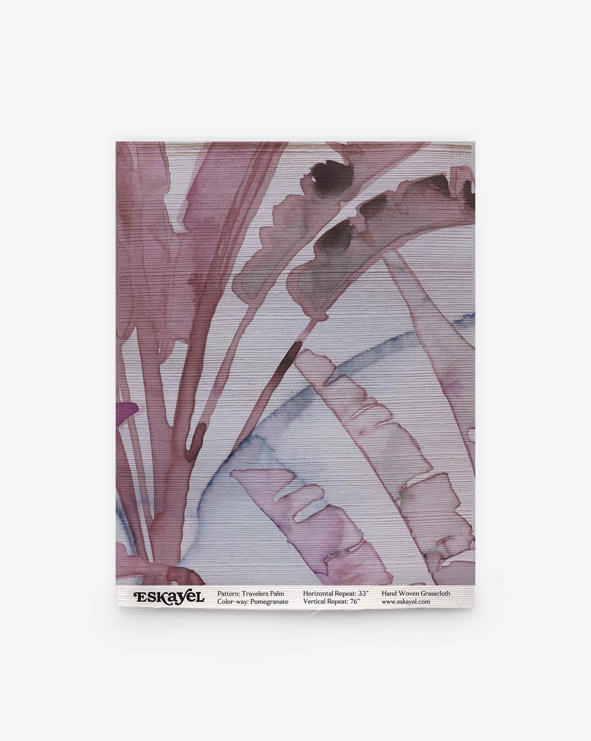 Order a sample of the Travelers Palm Grasscloth Sample||Pomegranate, featuring a hand-woven grasscloth texture with a watercolor palm leaf pattern in shades of deep red and purple.