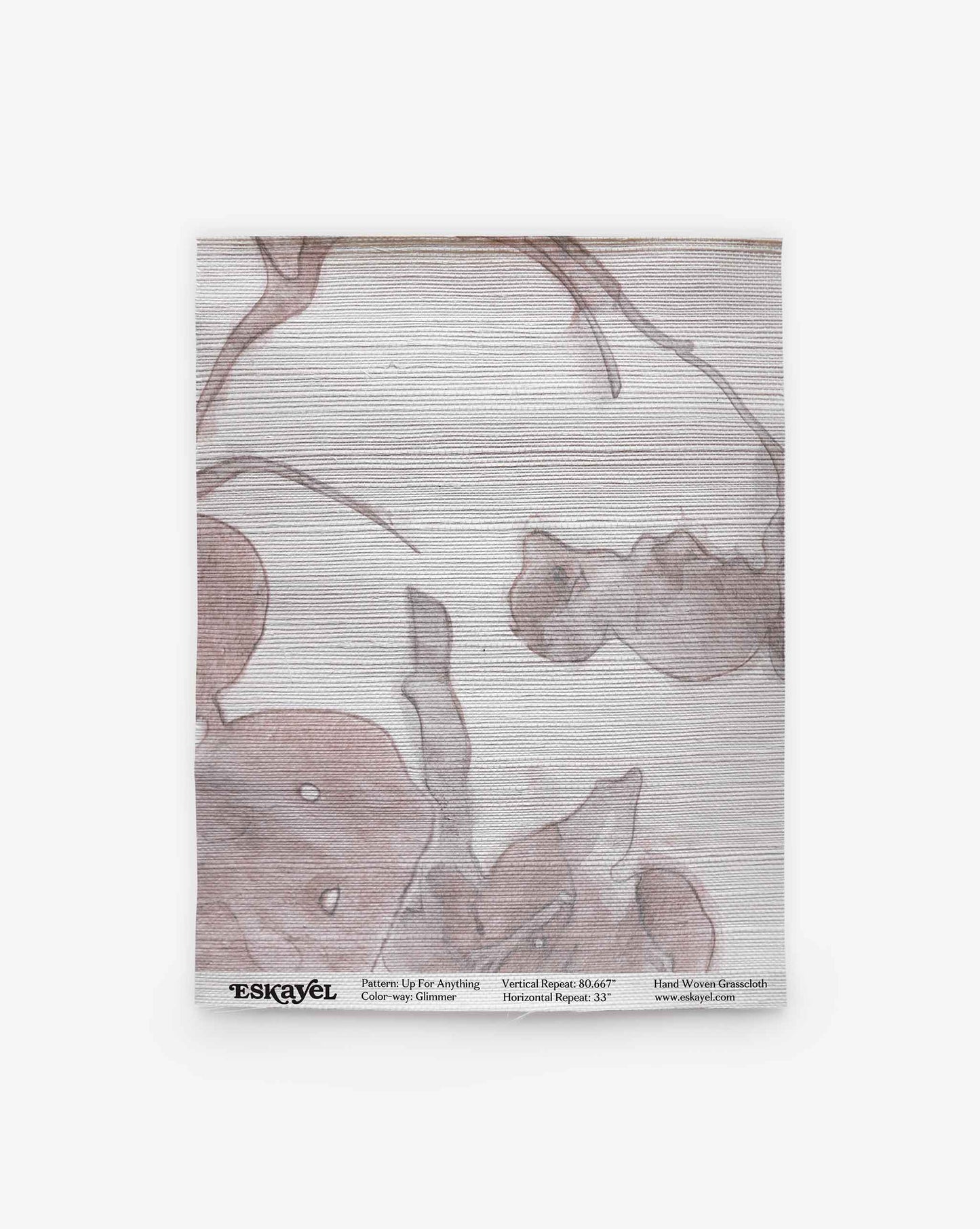 A square textured fabric sample featuring a subtle light pink and gray abstract floral pattern, evocative of the Up for Anything Grasscloth||Glimmer design. The lower edge includes the product name in small text.