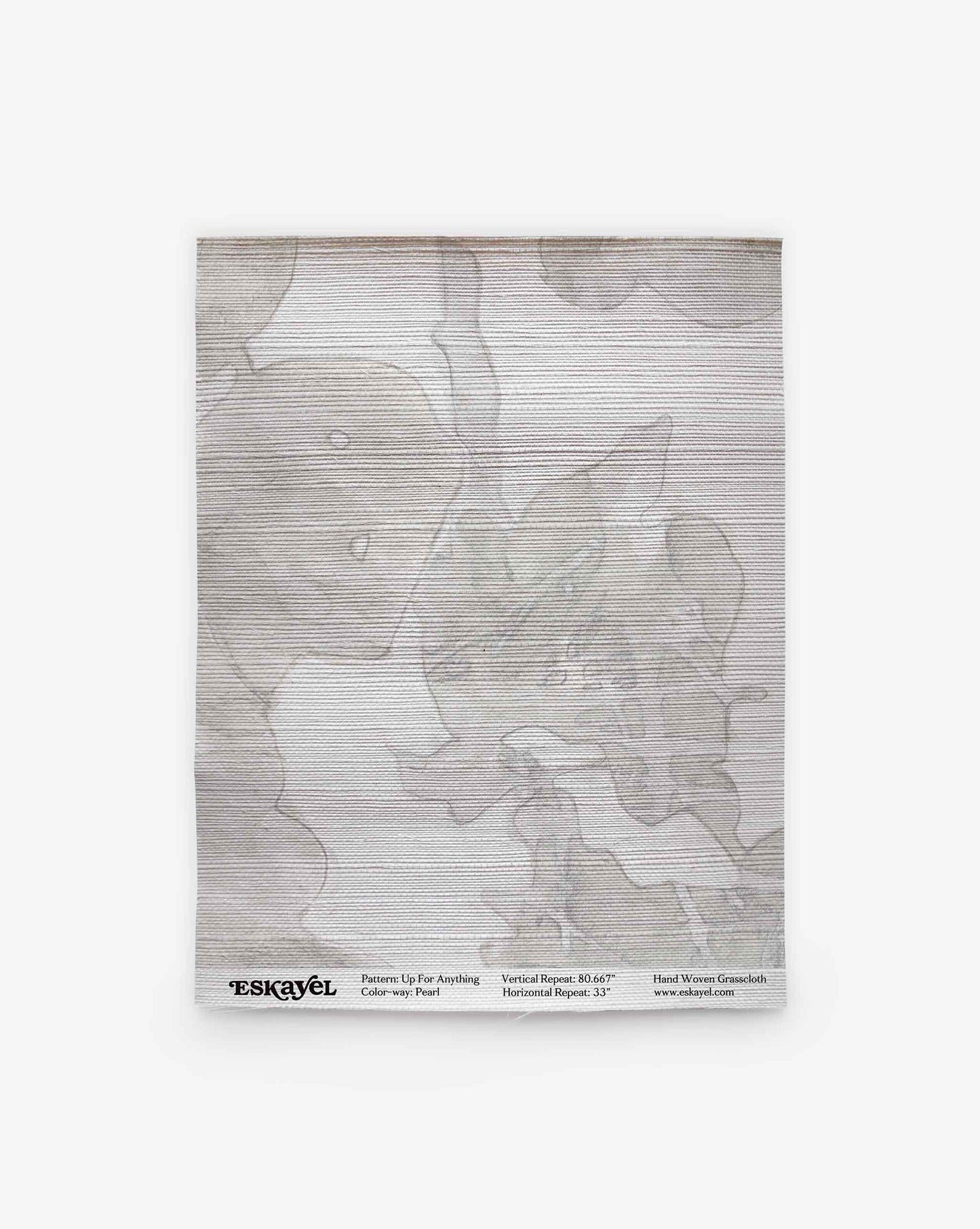 A folded, semi-transparent scarf named “Up for Anything Grasscloth||Pearl” features an abstract botanical pattern with gray shapes and fine horizontal lines. Displayed on a white background, the brand and product details are printed along the bottom edge.