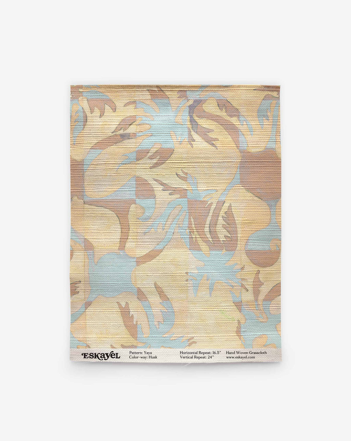 Yaya Grasscloth Sample in Husk, shown as a swatch with abstract tan and light blue organic shapes, an order button, and product information at the bottom.