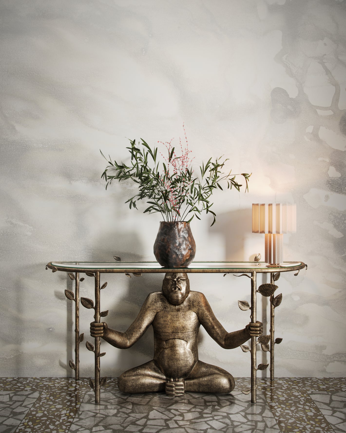 An intricate entry table with a built in statue in the middle in a room with the delta wallpaper in sand.