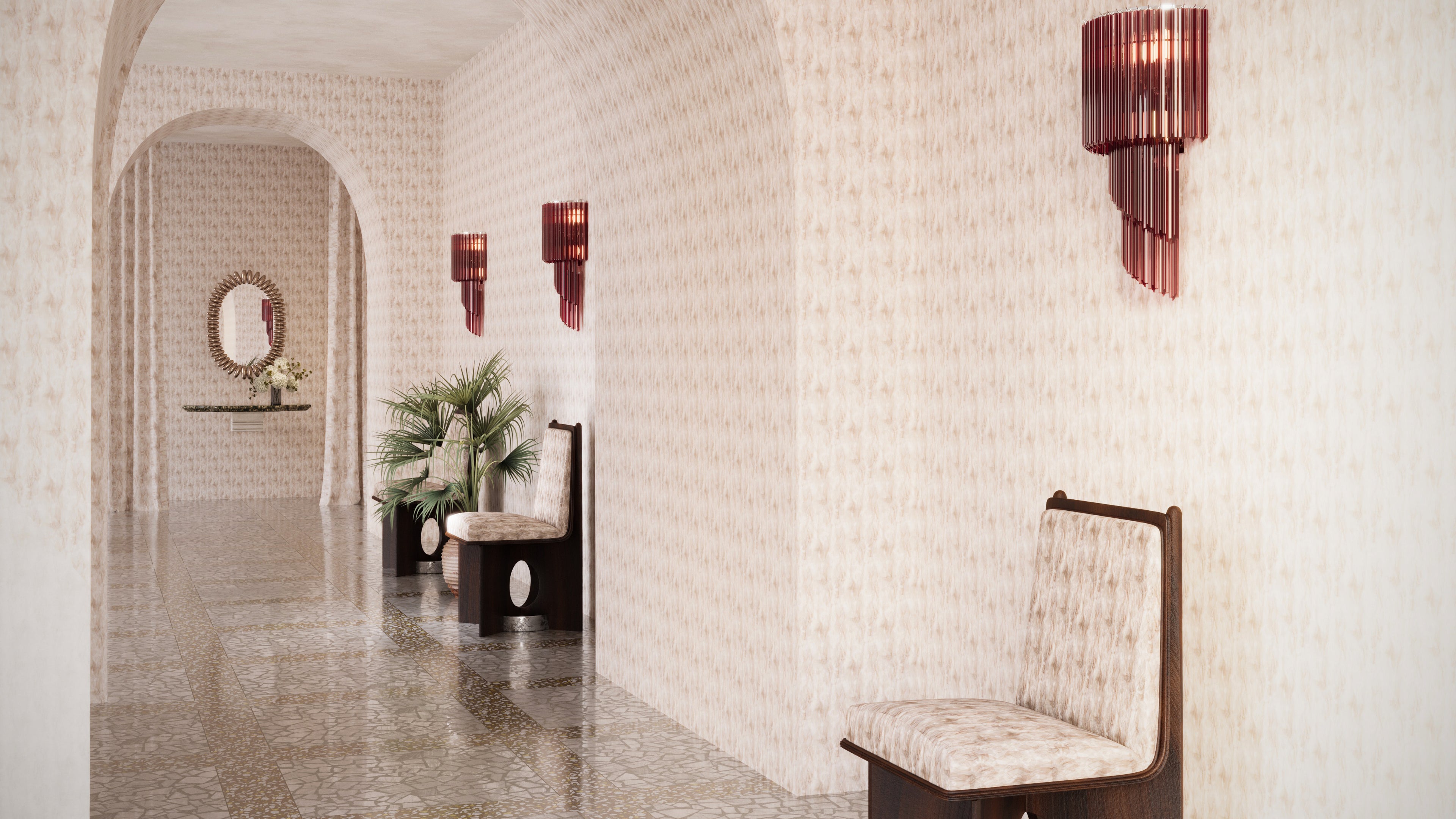 A hallway with chairs, wall sconces, and other decor with cascade quartz as wallpaper and fabric.