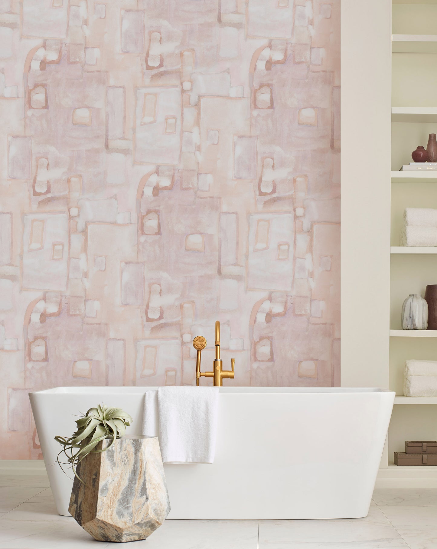 A bathroom with a bathtub and Neighbors Wallpaper Shell