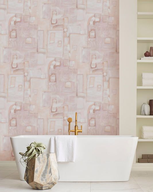 A bathroom with a bathtub and Neighbors Wallpaper Shell