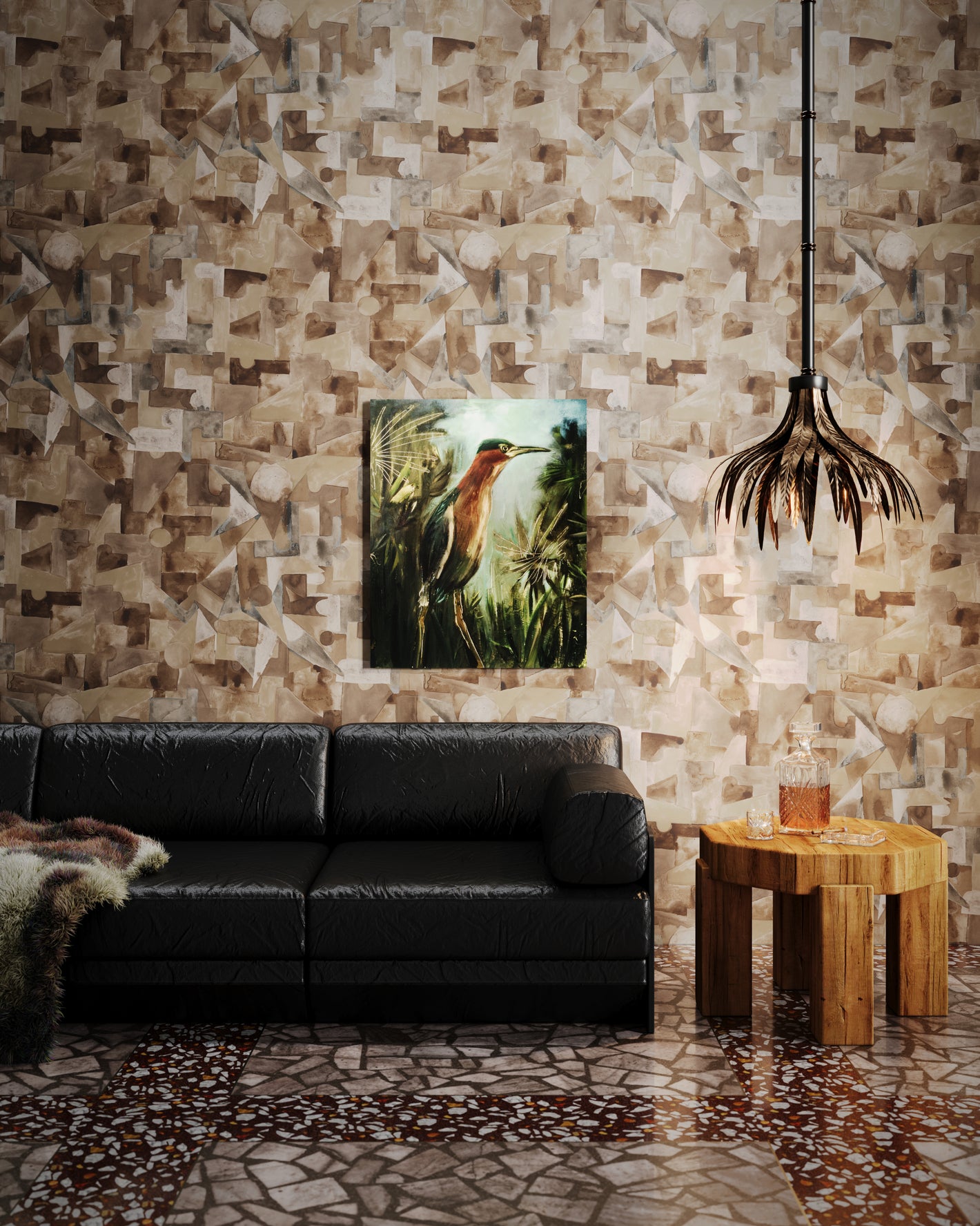 Pieces wallpaper in garnet in a room with a couch, wall decor, a low hanging ceiling light, and a side table.