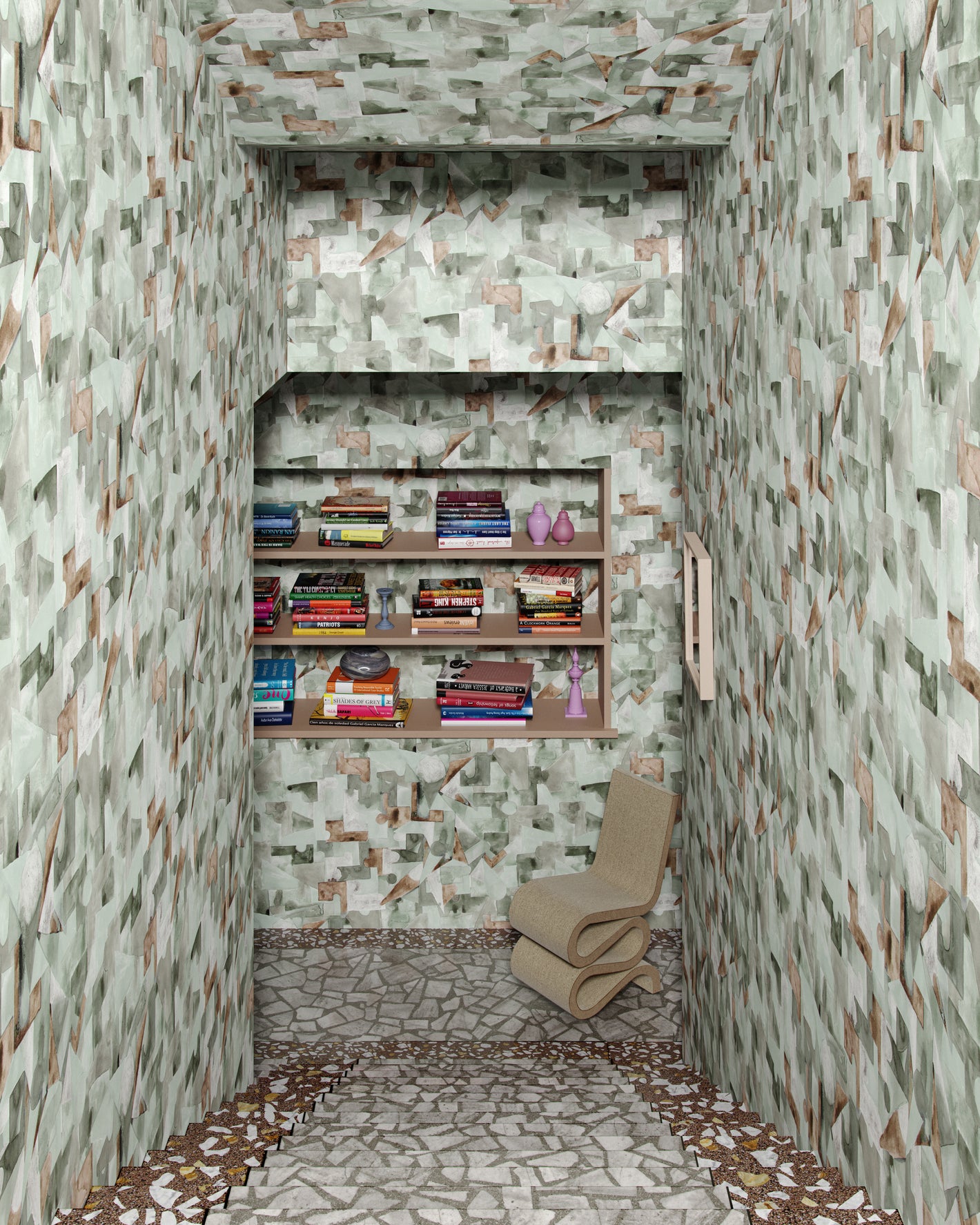 Pieces wallpaper in tourmaline in a reading nook with a chair and a stocked bookshelf.