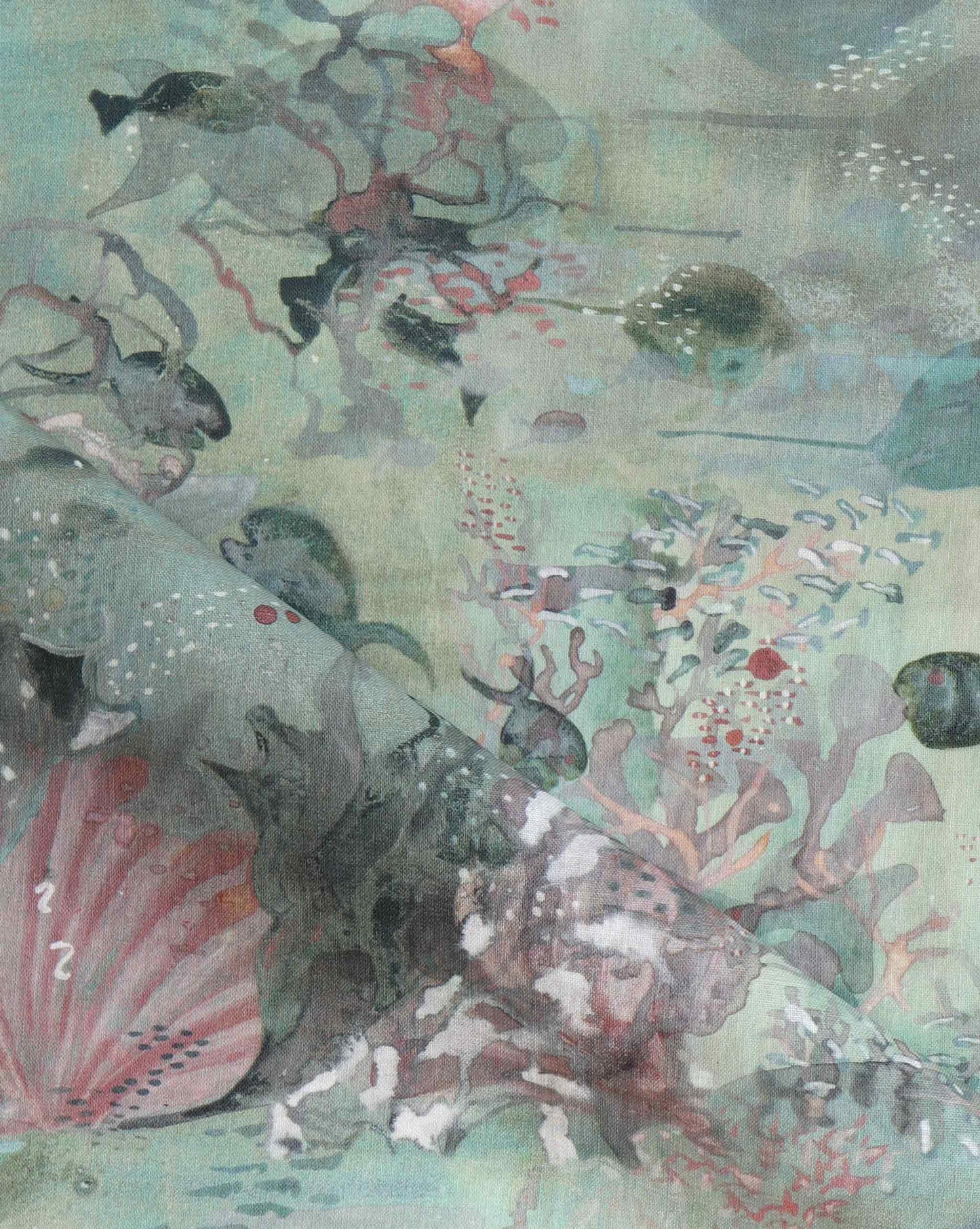 Available as custom fabric, Eskayel’s Atoll in Reef is a print in liquid green tones.