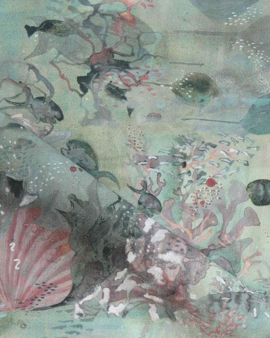 Available as custom fabric, Eskayel’s Atoll in Reef is a print in liquid green tones.