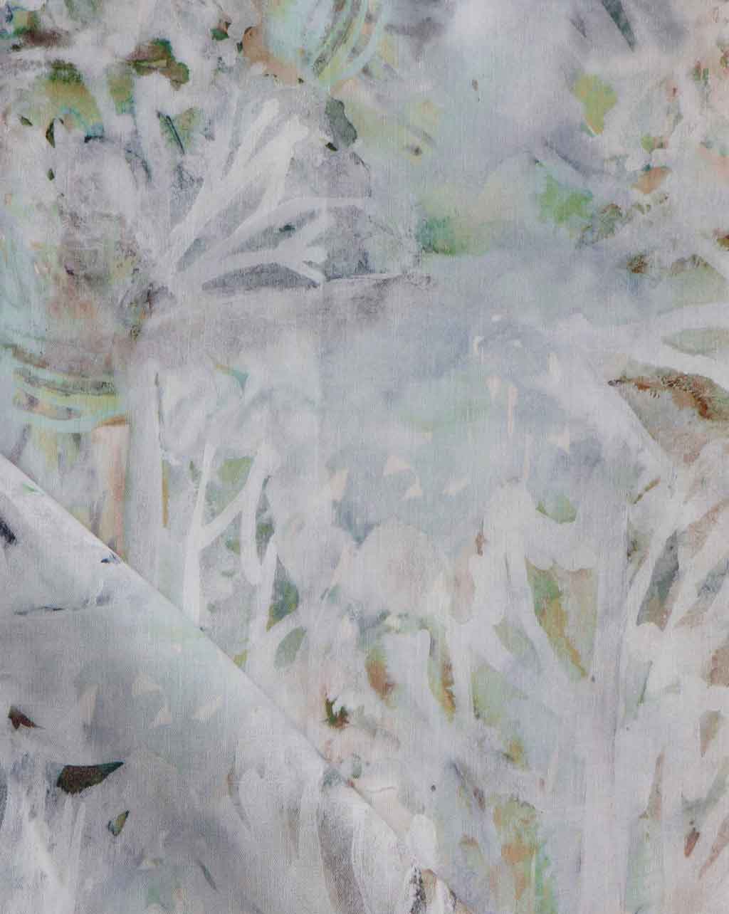 A close up of Cortile Fabric Aqua, a white and green painting on a fabric that can be used for rugs or pillows