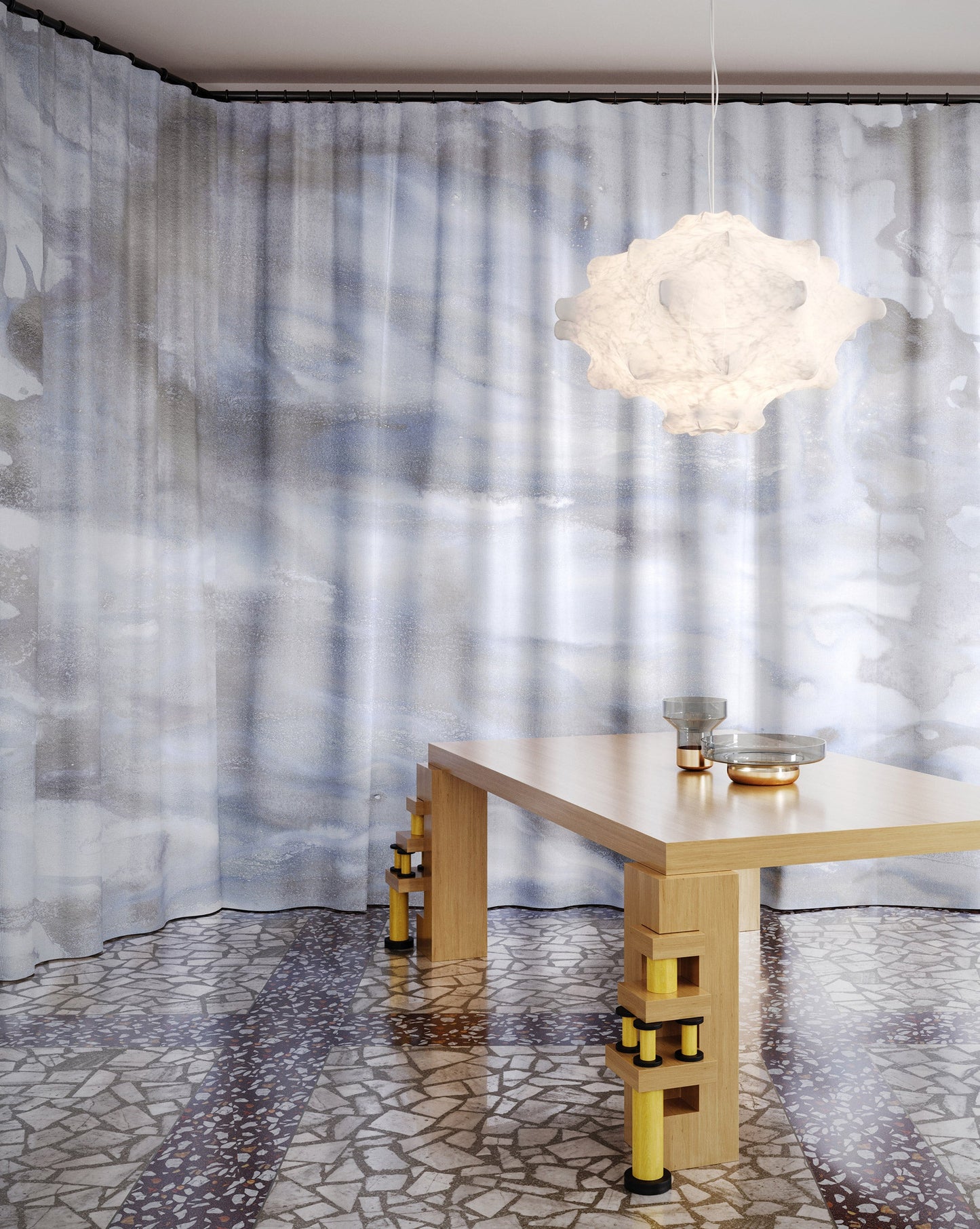 Delta Moonlight Mural fabric in a blue, navy, and beige toned pattern used as curtains in a dining room.