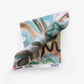 A colorful abstract patterned Floripa Fabric||Reef scarf with a tag showing "100% Eskayel Gordon Hull linen" details, laid flat on a white background.