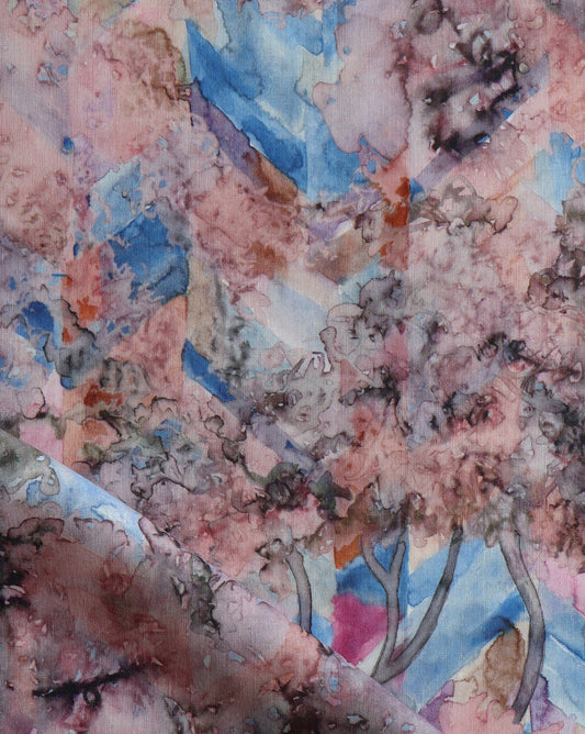 Featuring a floral study on chevrons, Inflorescence fabric in the Reef colorway features shades of blue, coral and pink