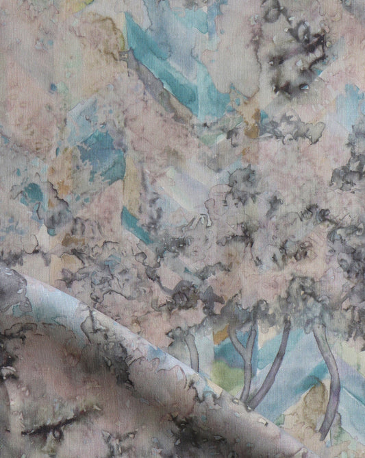 Featuring a floral study on chevrons, Inflorescence fabric in the Sage colorway features shades of blue, beige and grey