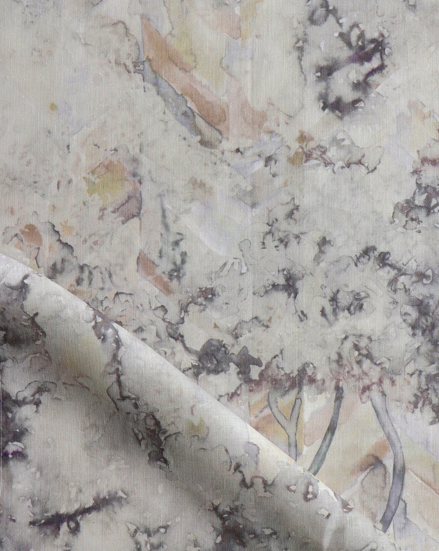 Featuring a floral study on chevrons, Inflorescence fabric in the Sol colorway features shades of tan, taupe and grey
