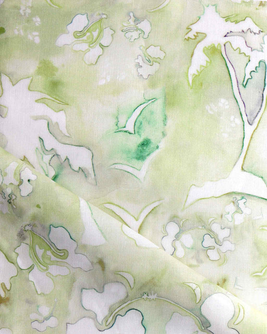 Eskayel Kokomo is a luxury fabric based on artist Melodie Allegre’s imagined tropical landscape. The Brush colorway features green.