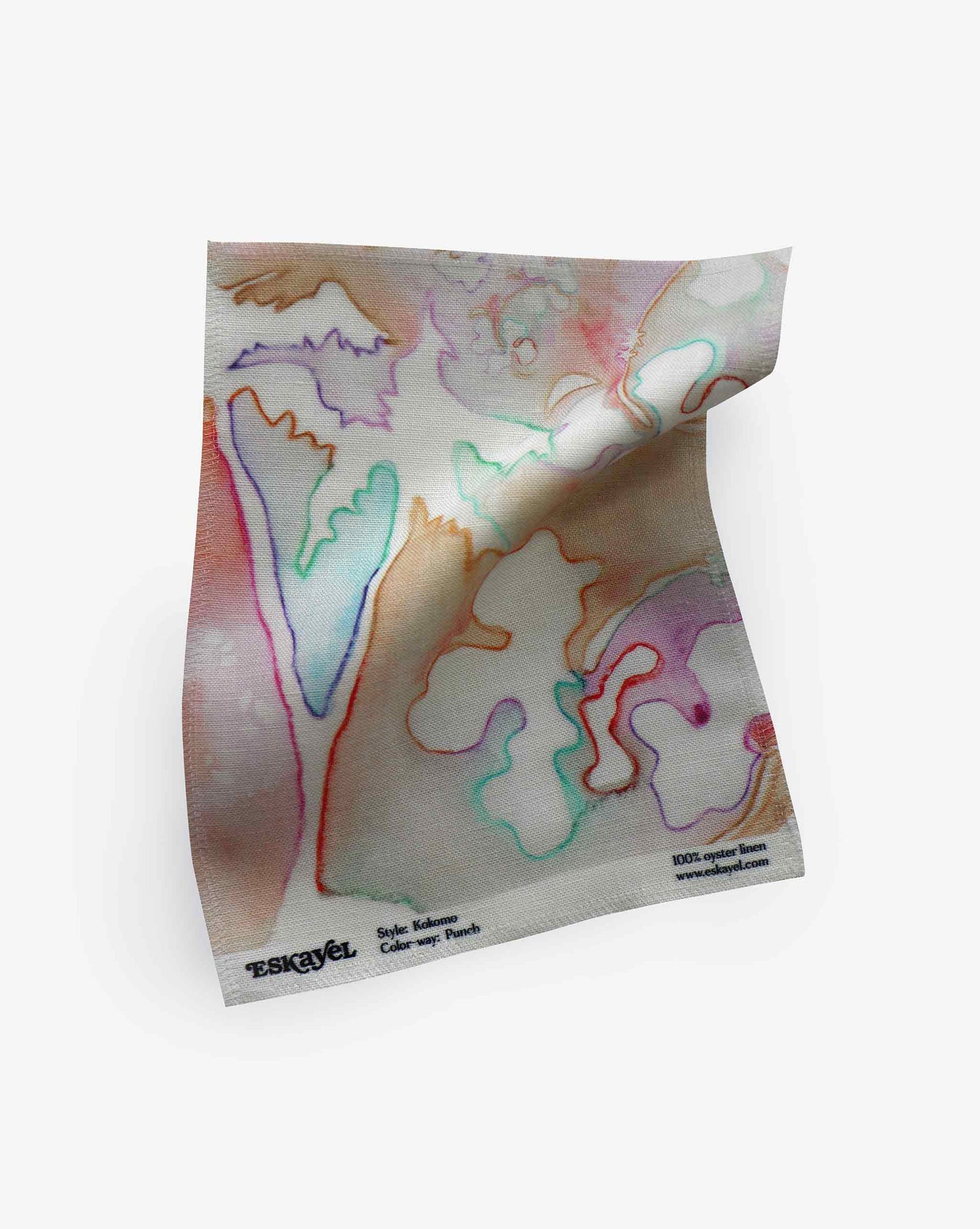 A colorful Kokomo Fabric Sample||Punch with abstract, pastel patterns in pink, purple, blue, and green hues. It has the brand name "EsKavel" printed in black in the bottom corner.