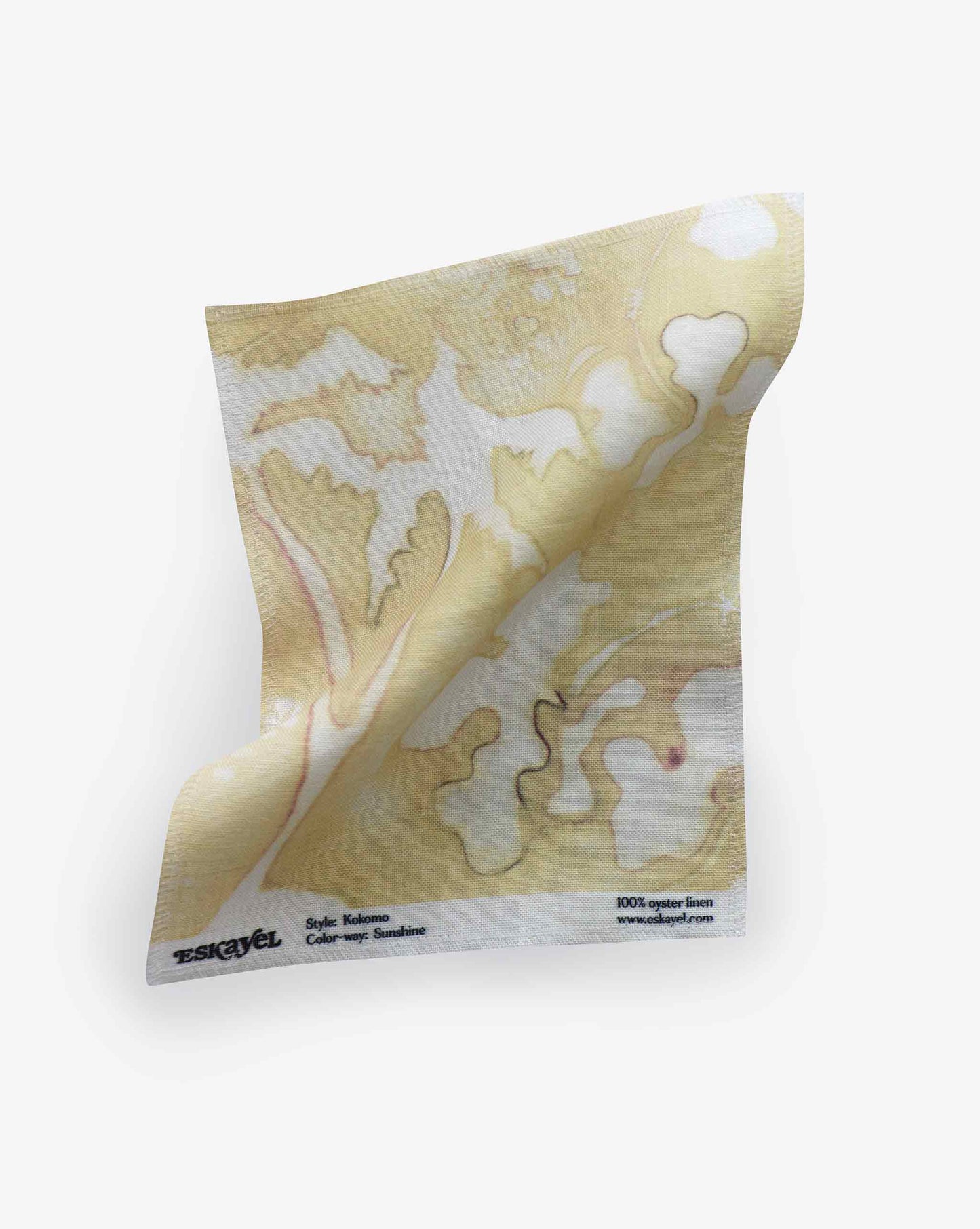 A yellow and white patterned fabric swatch with "100% organic linen" and "Eskayel" printed at the bottom edge, displayed against a plain white background. Order a Kokomo Fabric Sample||Sunshine today to experience the quality firsthand.