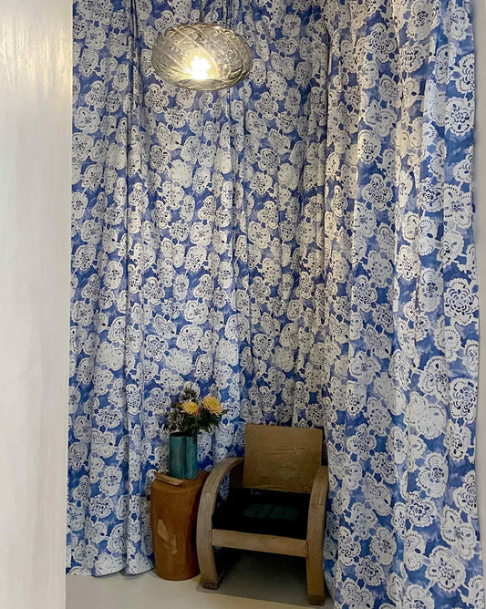 Margherita was inspired by heirloom Italian lace. The medium-sized repeat fabric in Fresco Blue is a floral pattern in blue.