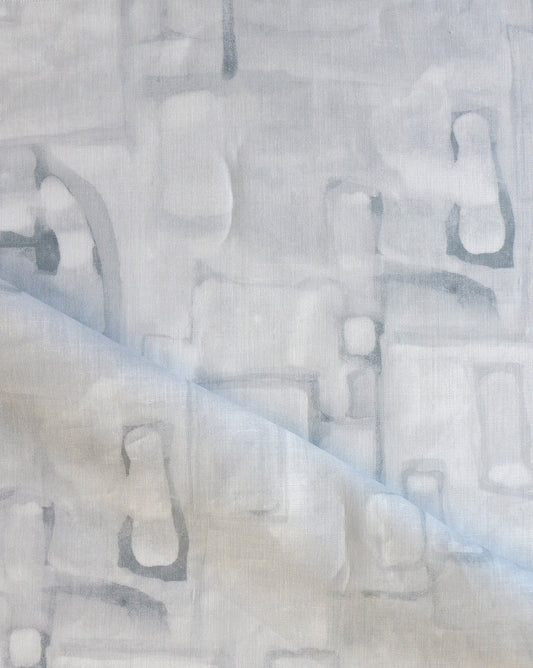 The abstract geometric Neighbors design is a luxury fabric available in Birch, a colorway of grey hues.