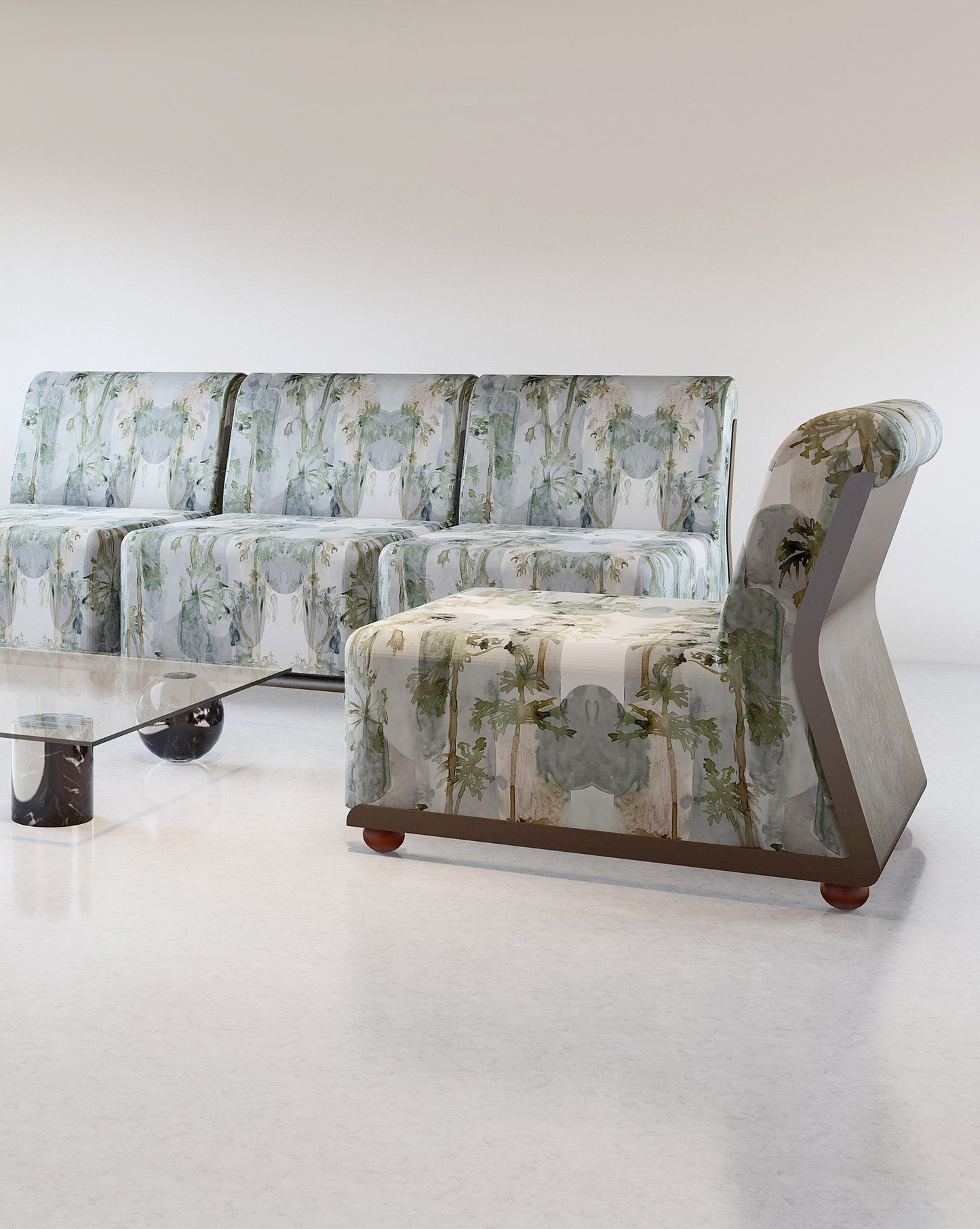 A living room with a Papaya Arc Fabric Sage couch and a coffee table in Costa Rica