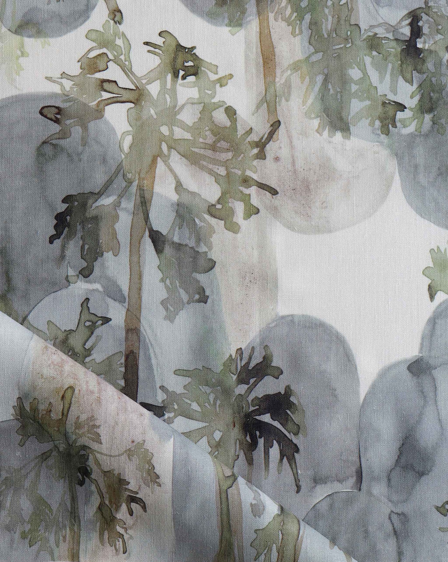 A watercolor painting of palm trees in Costa Rica on a Papaya Arc Fabric Sage