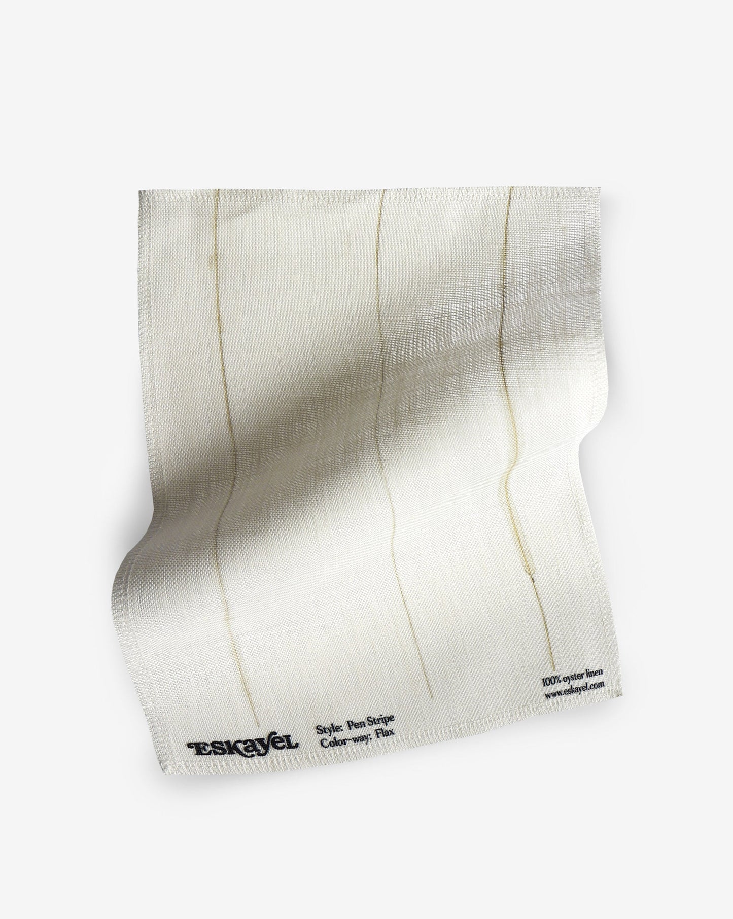 A fabric with our pen stripe pattern featuring a conventional pinstripe design of straight inky lines in beige and white.