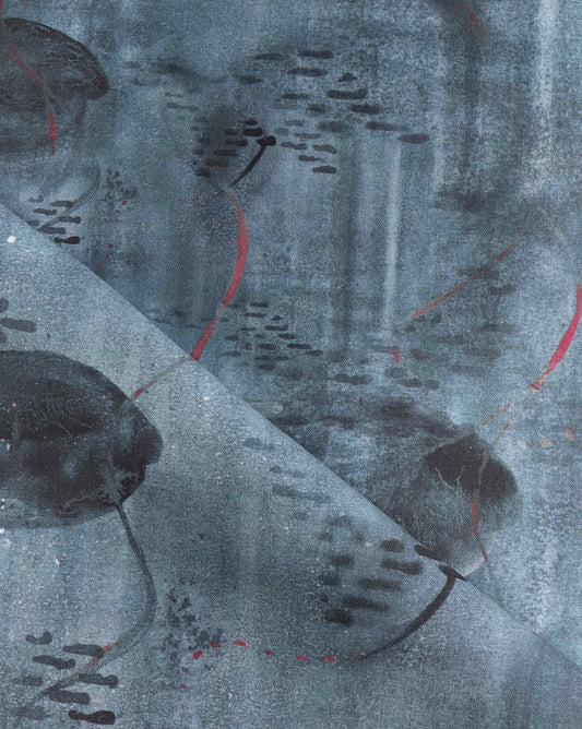 Custom Shoal fabric in the Ocean colorway captures tropical fish in blue tones.