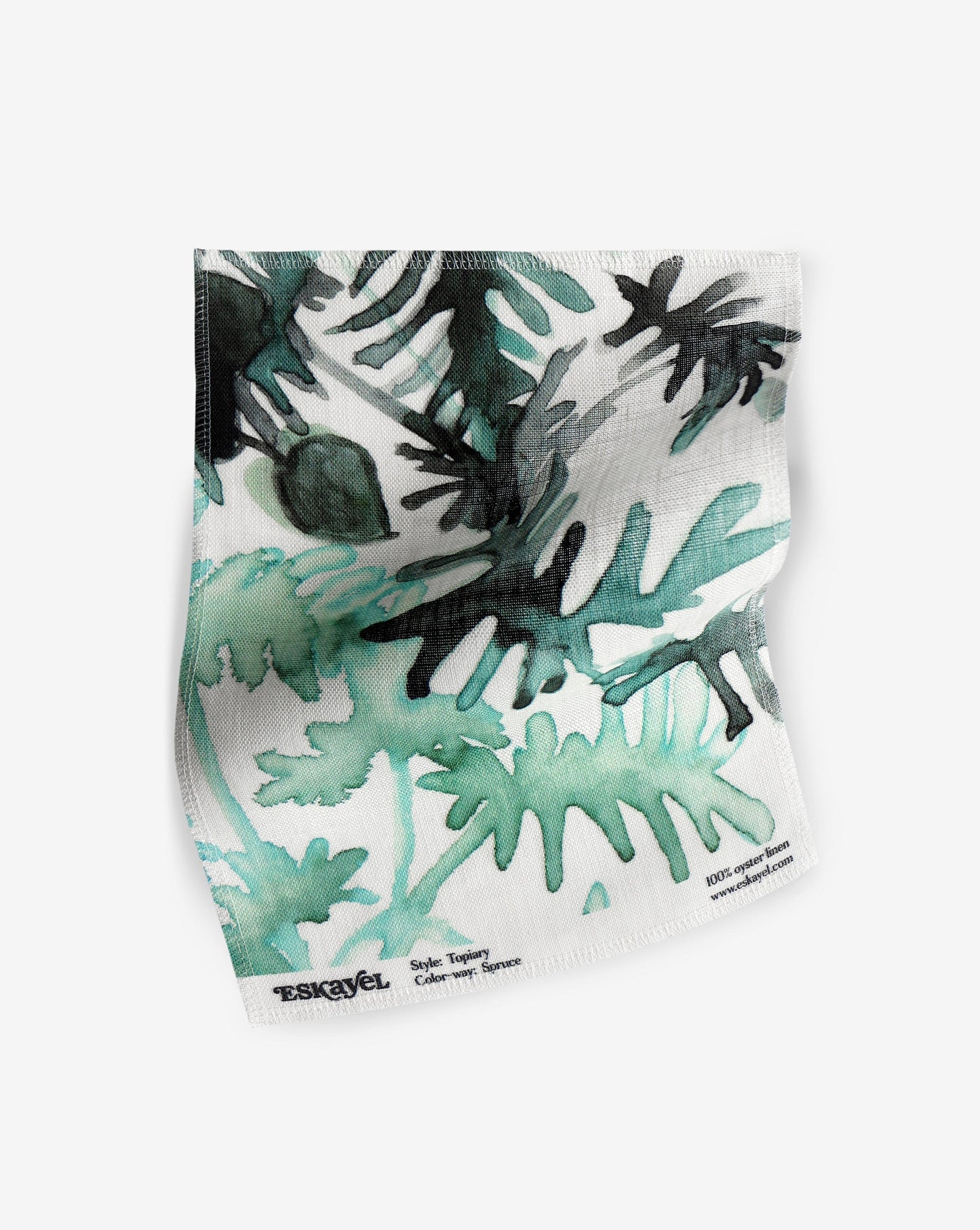 A fabric with our topiary pattern featuring a botanical design of varying indoor plants in turquoise, green, blue, and white.