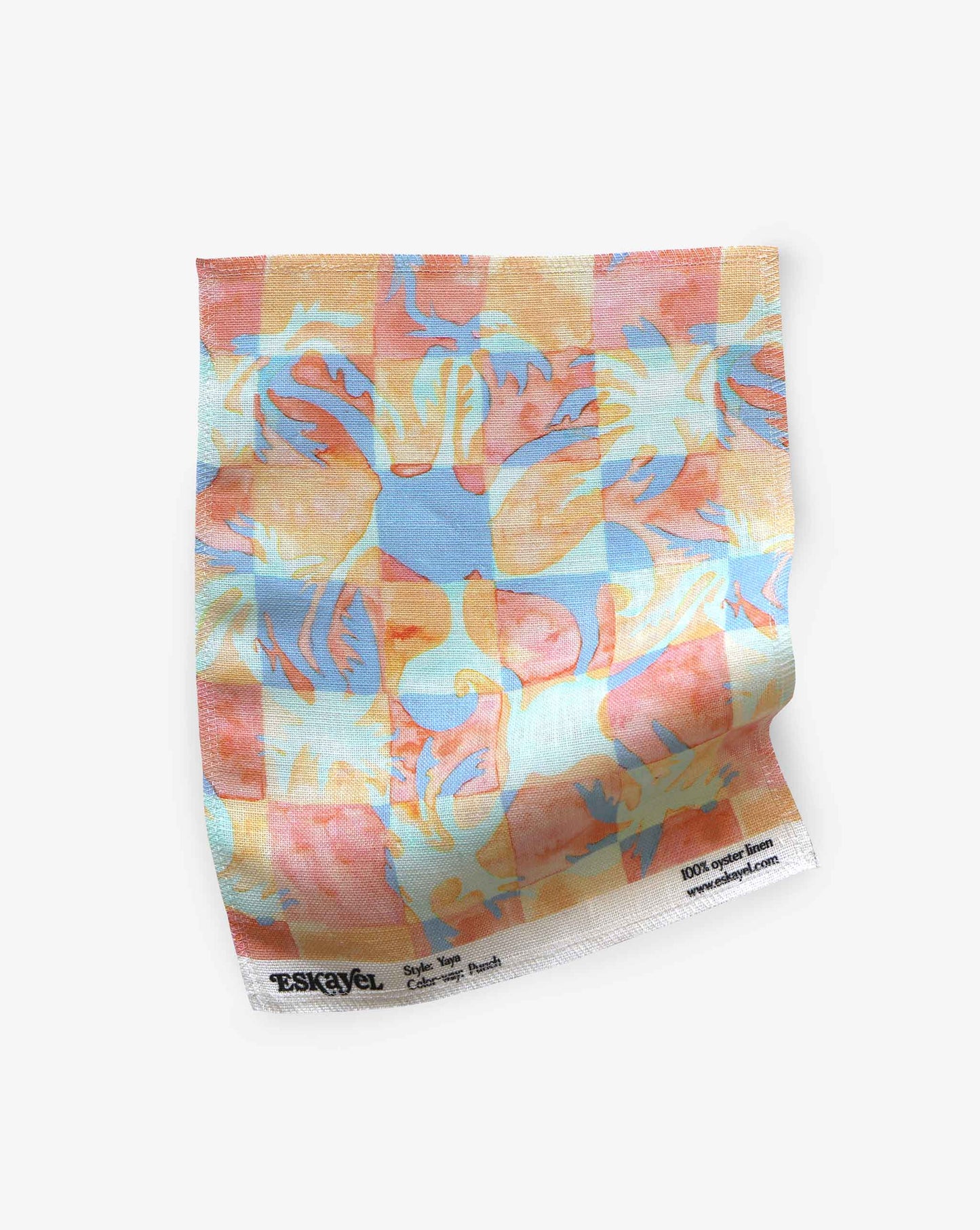 Yaya fabric in Punch as a swatch — beach-themed graphic botanical fabric in bright pink, peach, periwinkle blue, and pale turquoise | Eskayel