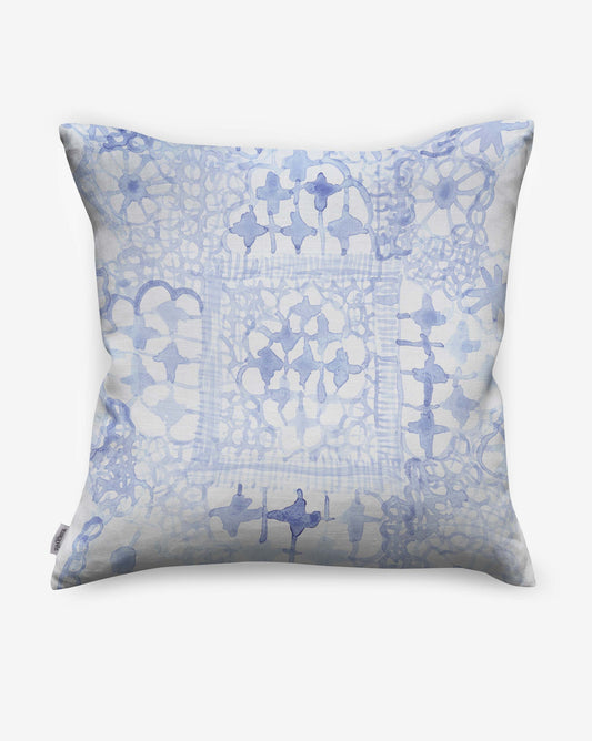 Nonna’s Lace pillows in Fresco Blue incorporate a vintage lace pattern reinterpreted as a blue watercolor design.