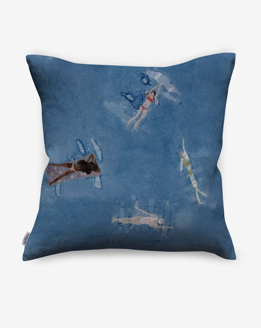 Pillows in Swim in the Lake colorway feature a navy blue background showing the front graphic.