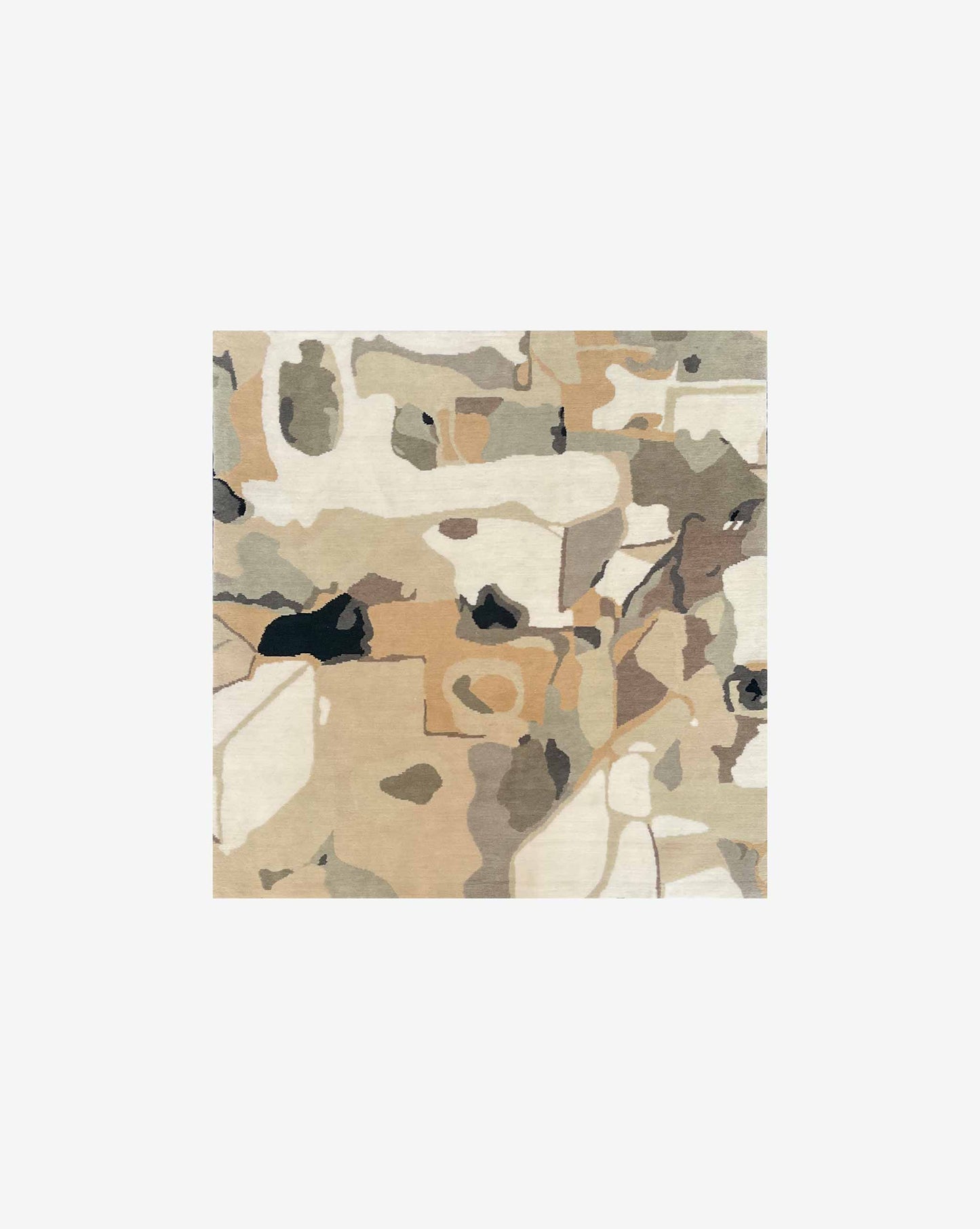The Medina Hand Knotted Rug | Blanca CUSTOM showcases an abstract, painterly style with irregular camouflage-like patterns in beige, tan, brown, black, and gray on a white background.