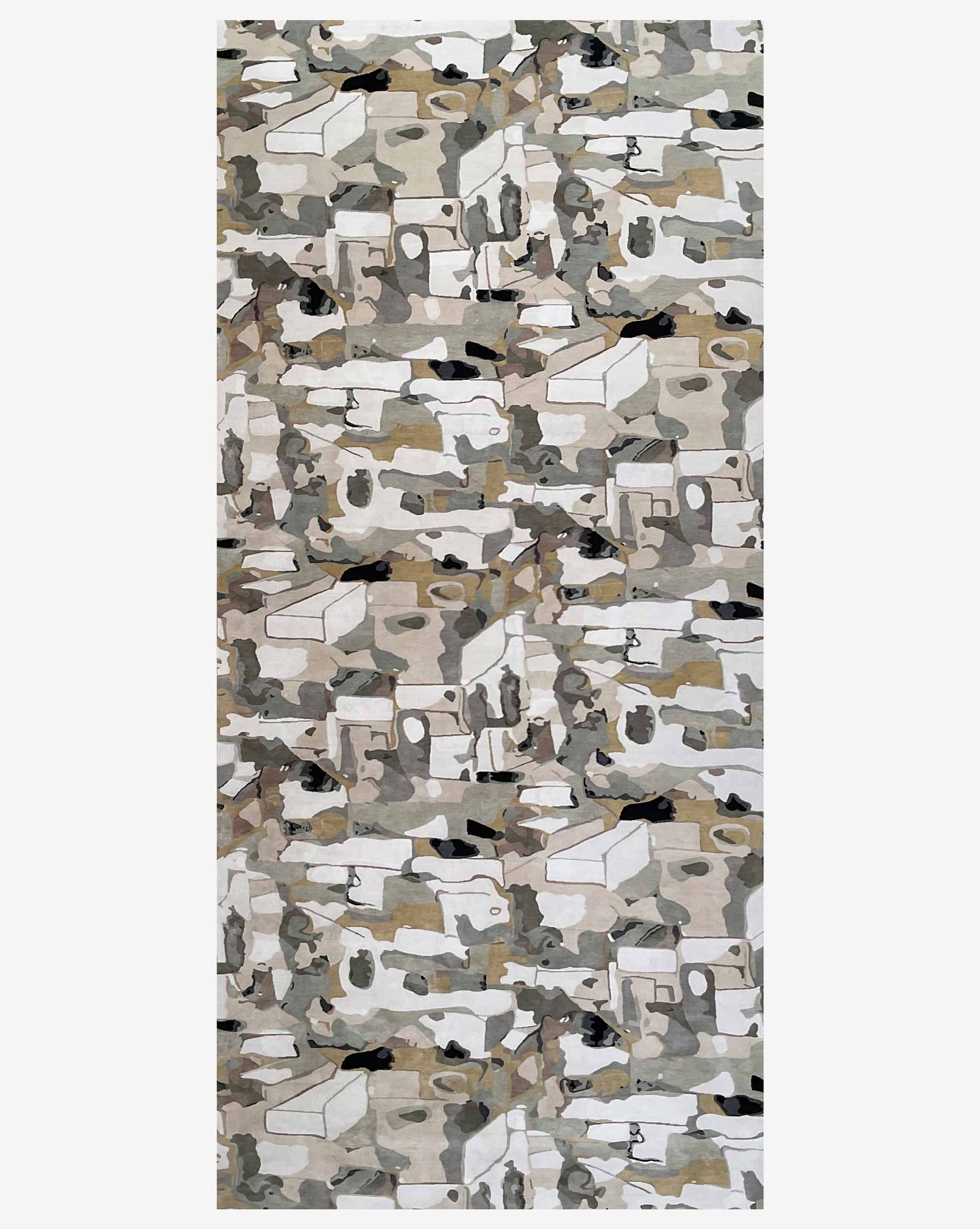 The Medina Hand Knotted Rug||Blanca CUSTOM is a handmade rectangular rug with a camouflage pattern in beige, brown, gray, white, and black, featuring painterly details for a unique artistic look.