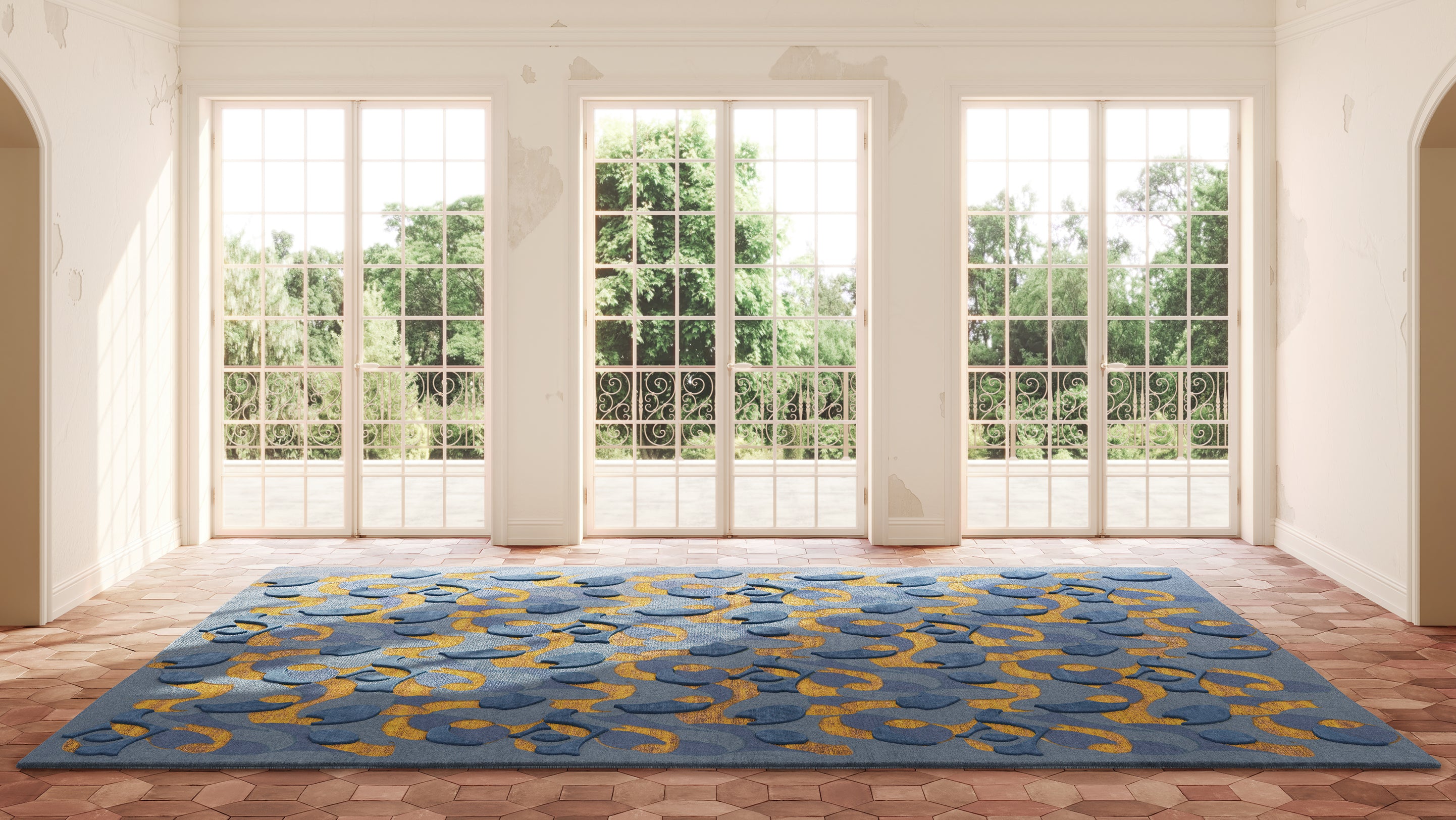 Eskayels orbs rug in the colorway sky and sun laid down in a room with large windows.