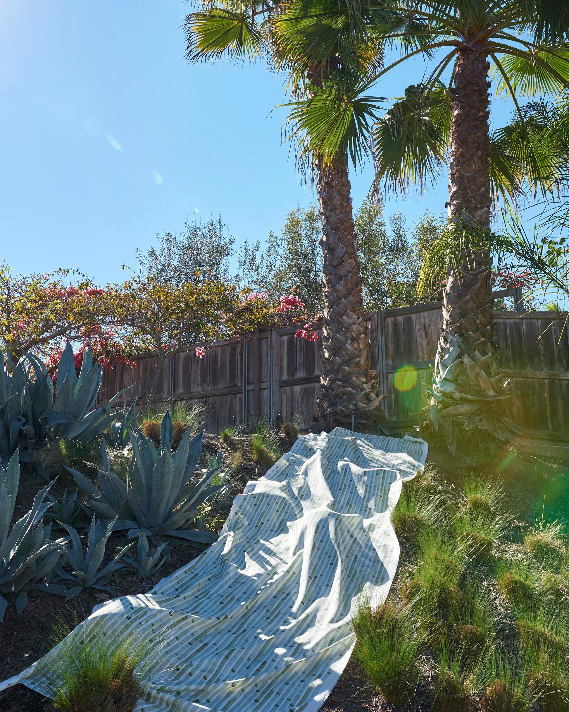 A blanket made of Bamboo Stripe Performance Fabric is laying on the ground in front of a palm tree
