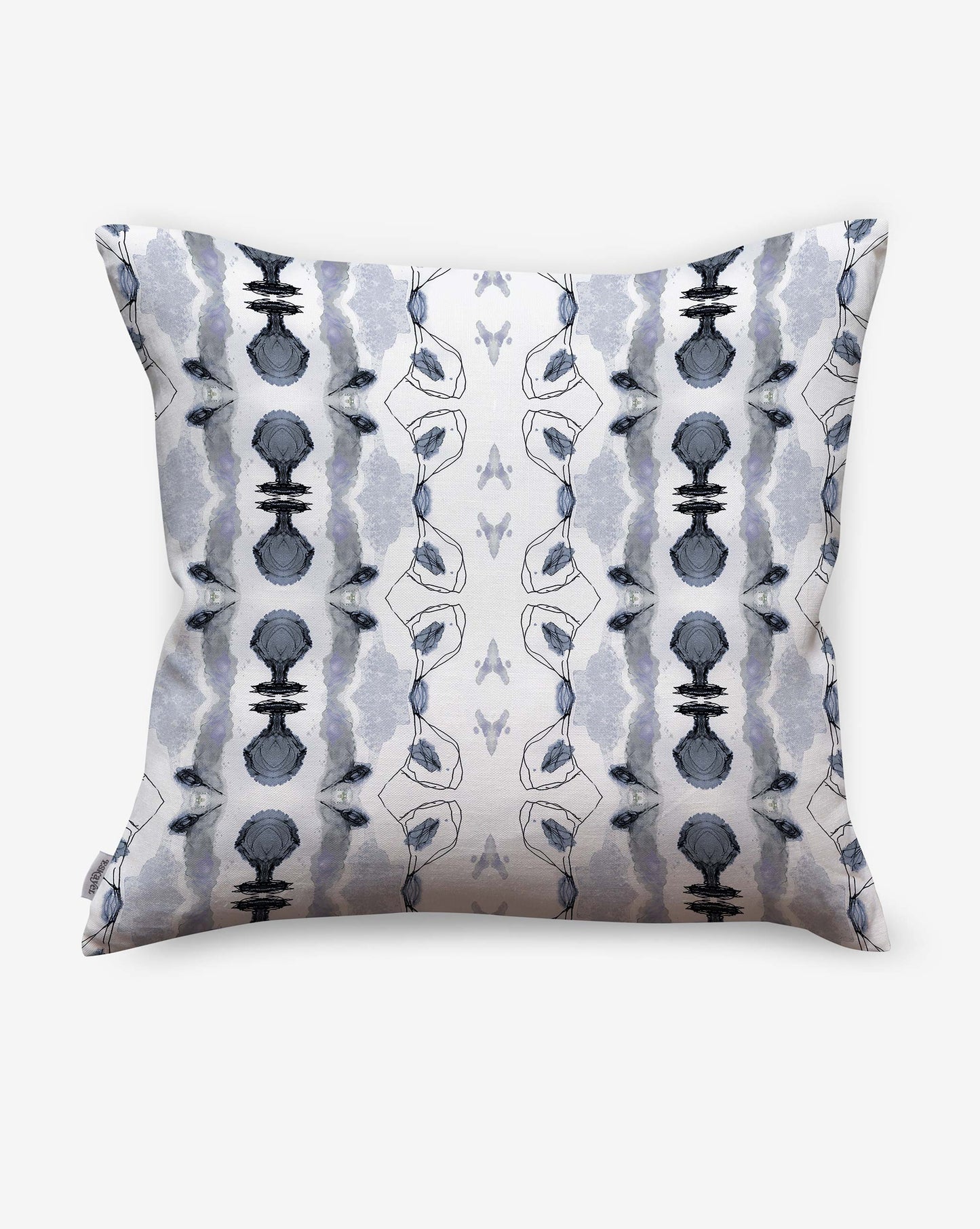 A Bali Stripe Outdoor Pillow Indigo with a blue and white abstract aesthetic design on it