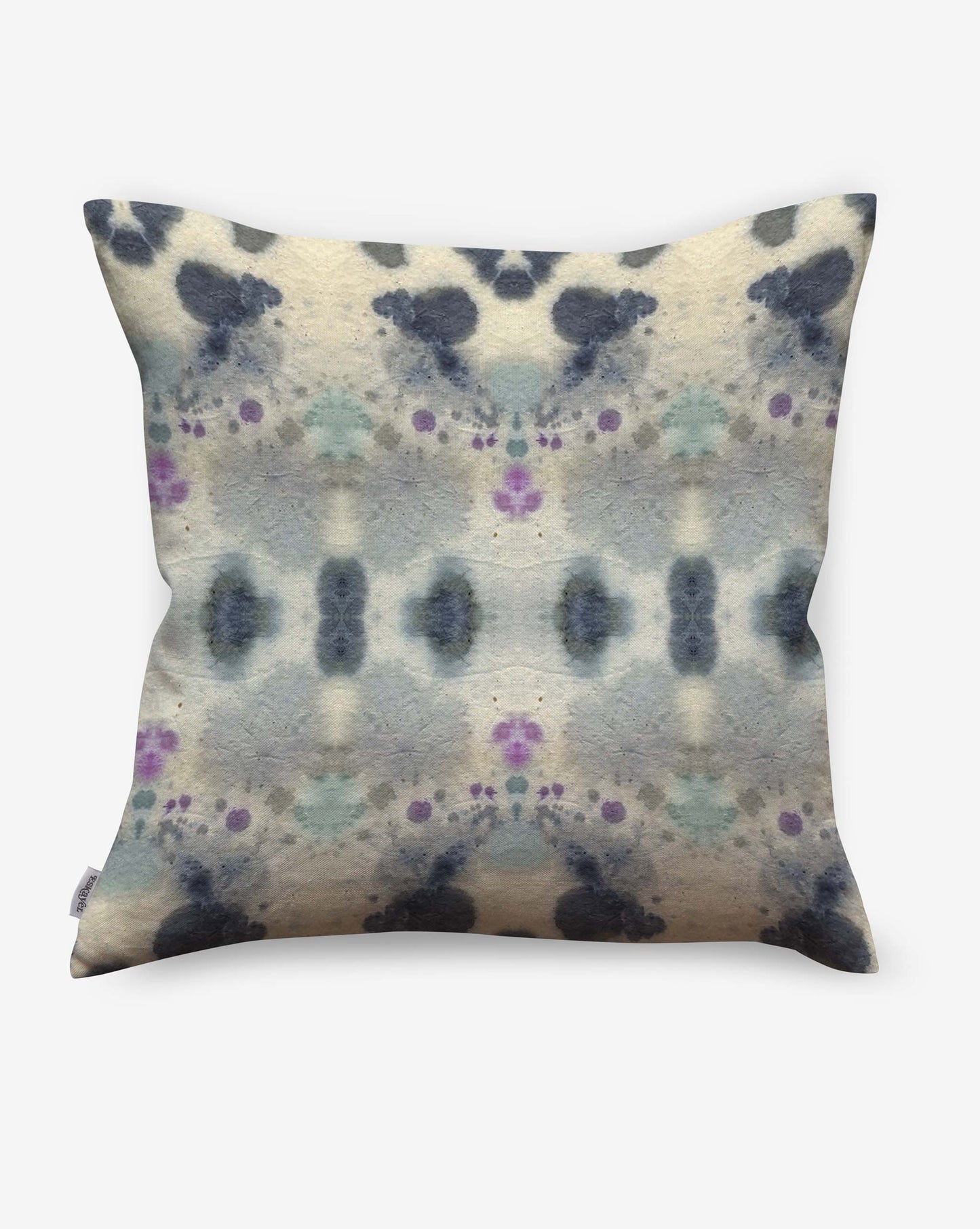 The Species Outdoor Pillow in the Waterstone colorway features a symmetrical abstract pattern in blue, gray, black, and purple on a light background. Made from luxury performance fabric, it’s ideal for outdoor use.