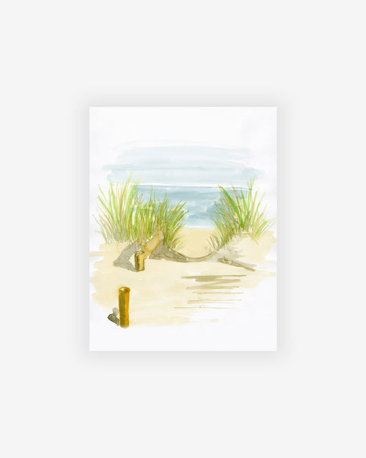 An artist created an original Beach View Print 65" x 9" of a beach with sand and grass