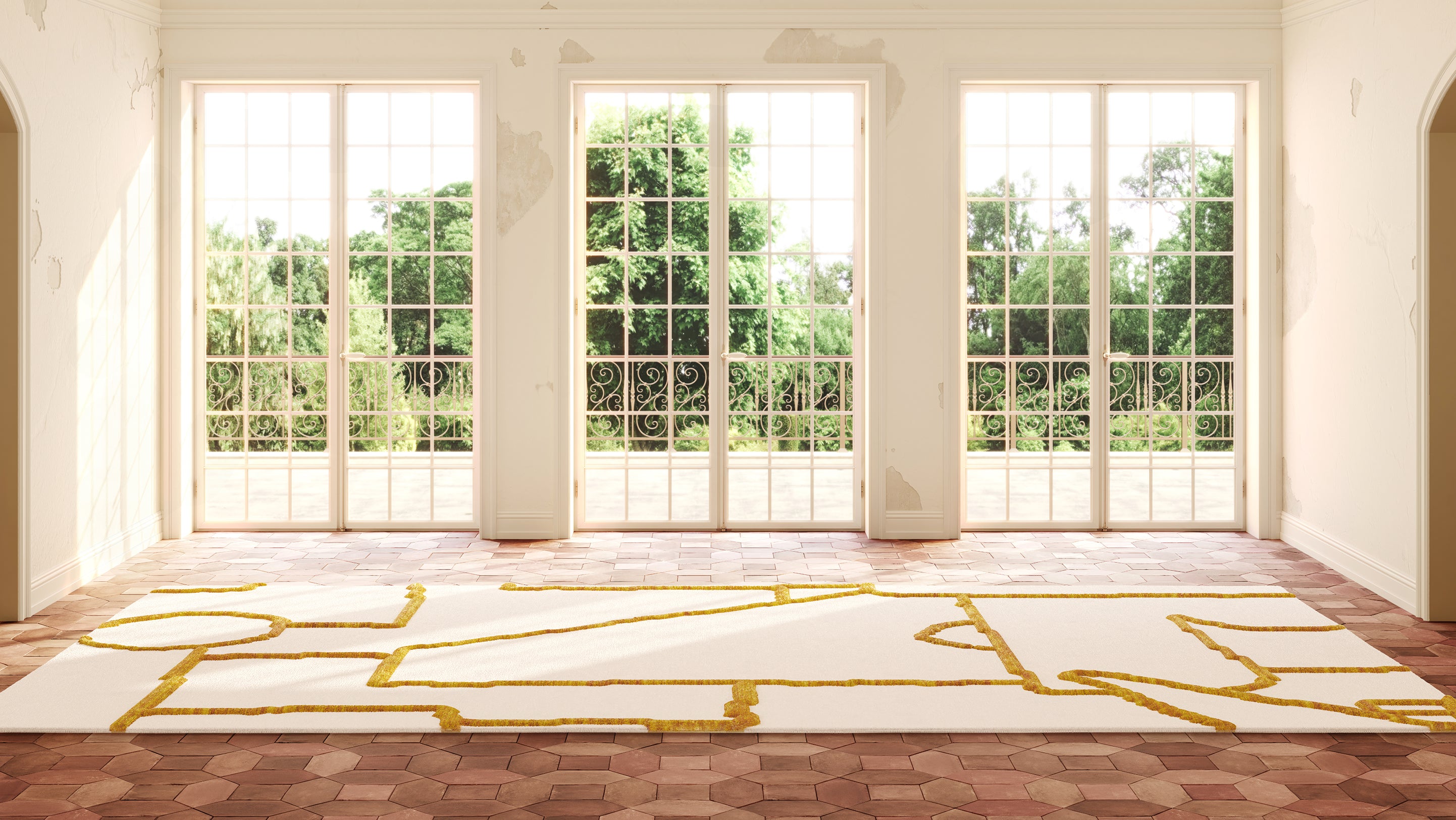 Eskayels pieces rug in the colorway sun laid down in a room with large windows.