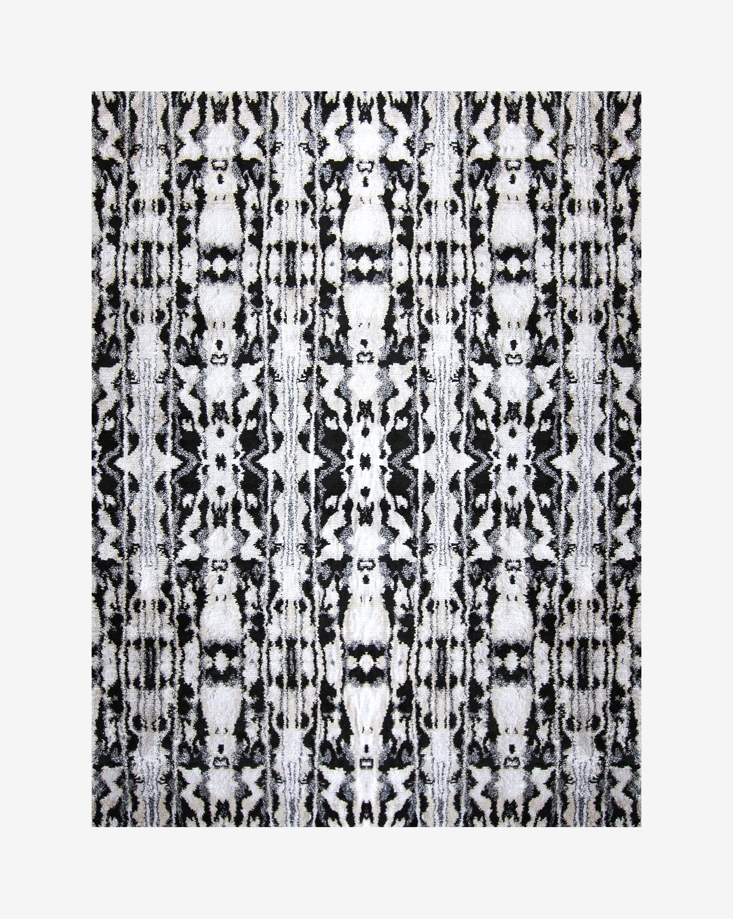 A black and white abstract pattern on a white background, inspired by the Biami Hand Knotted Rug 8' x 10'  Black