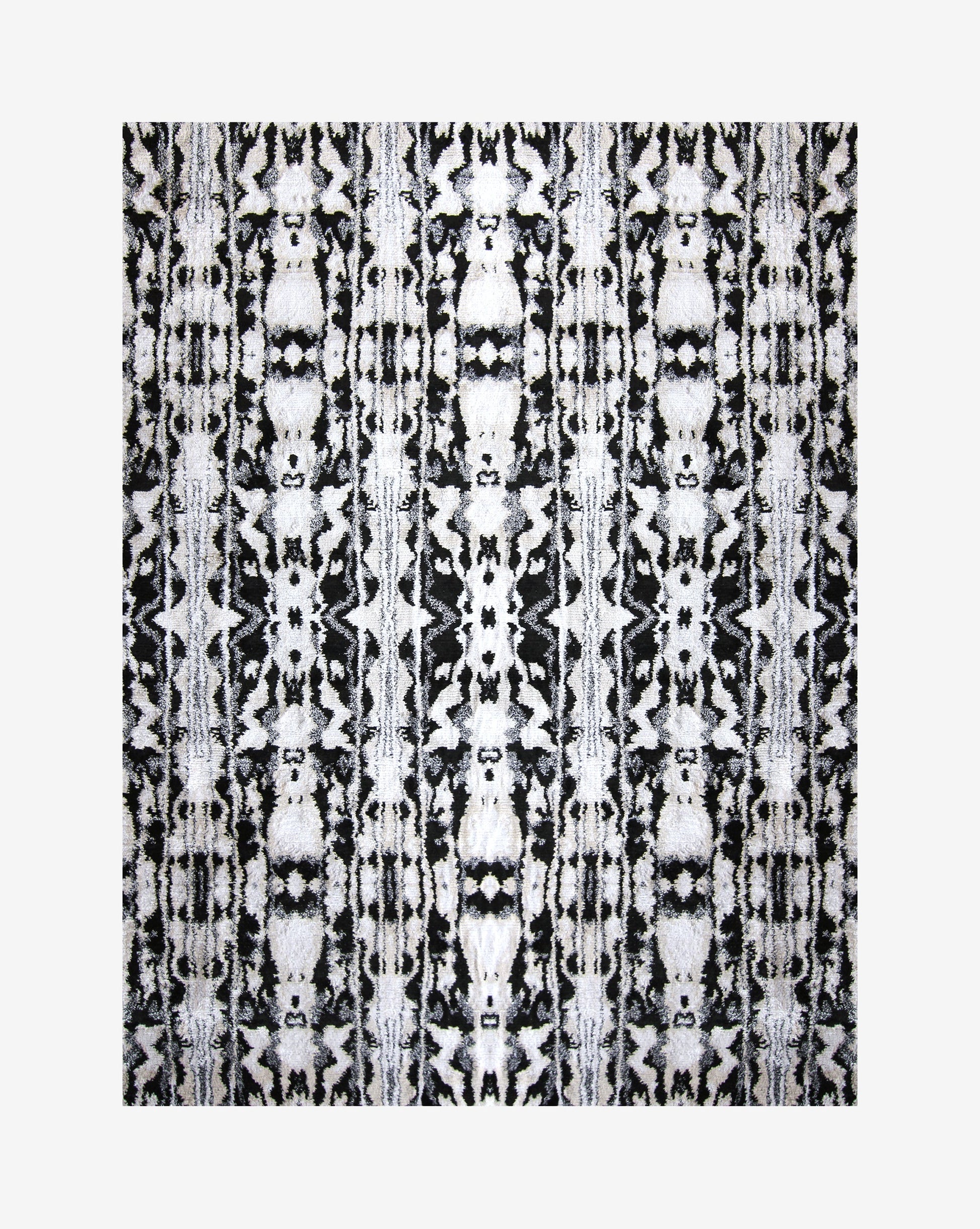 A black and white abstract pattern on a white background, inspired by the Biami Hand Knotted Rug 8' x 10'  Black