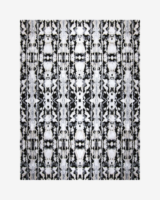 A black and white abstract pattern on a white background, inspired by the Biami Hand Knotted Rug 8' x 10'  Black
