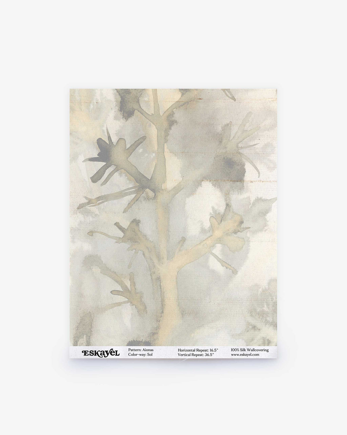 Aionas Silk Sample wallcovering featuring an abstract, watercolor-style botanical design in muted gold and gray; order sample.