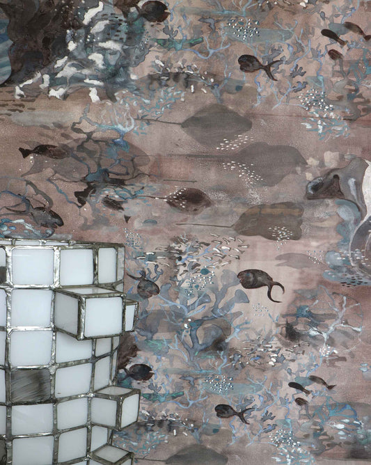 Eskayel’s Atoll wallpaper in amber with its brown hues is printed on a paper backed silk and installed in a room.