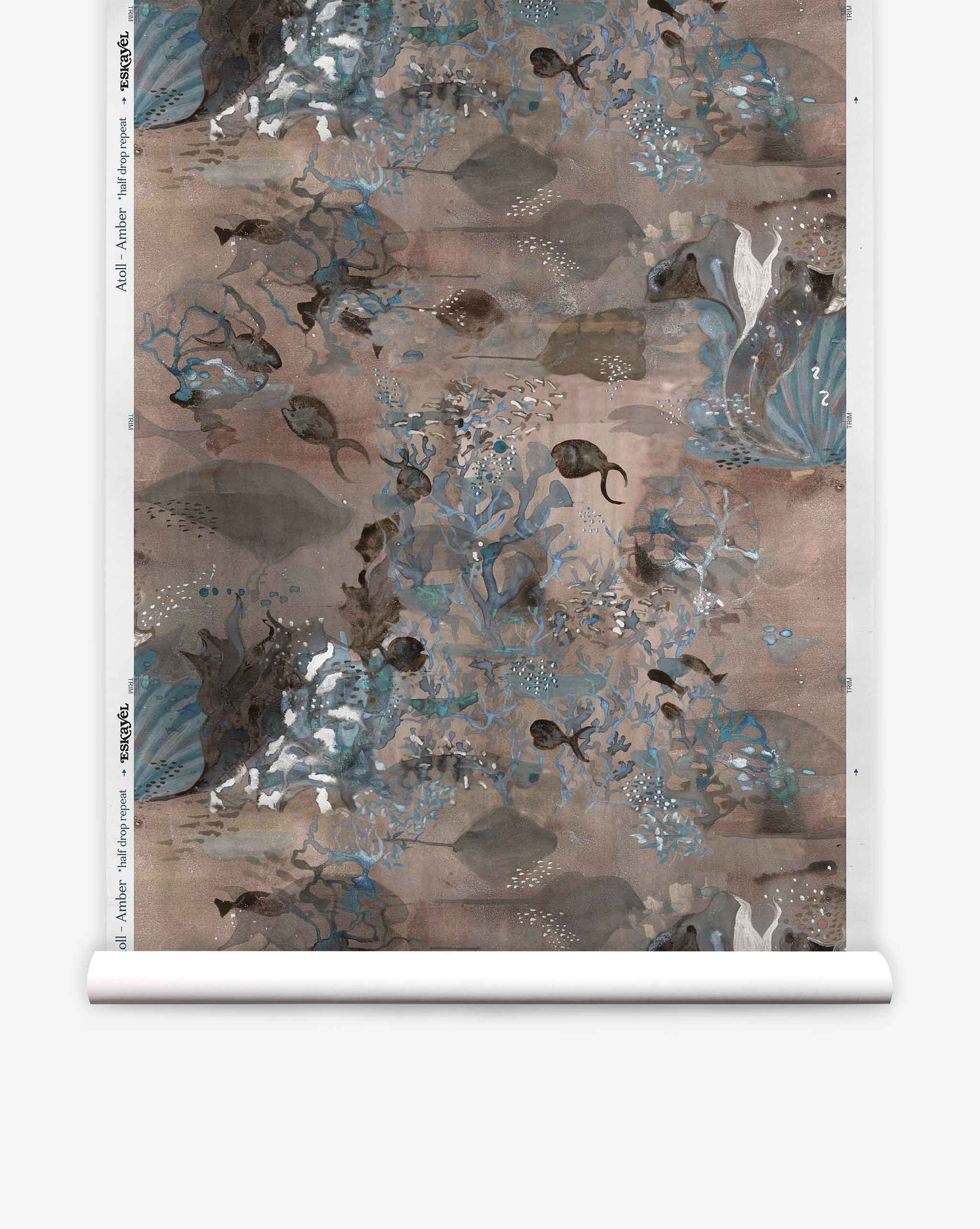 The Atoll Silk Wallcovering in Amber features a luxurious design with symmetrical patterns in shades of blue, brown, and gray, showcasing floral elements and ocean creatures for a serene aquatic ambiance.