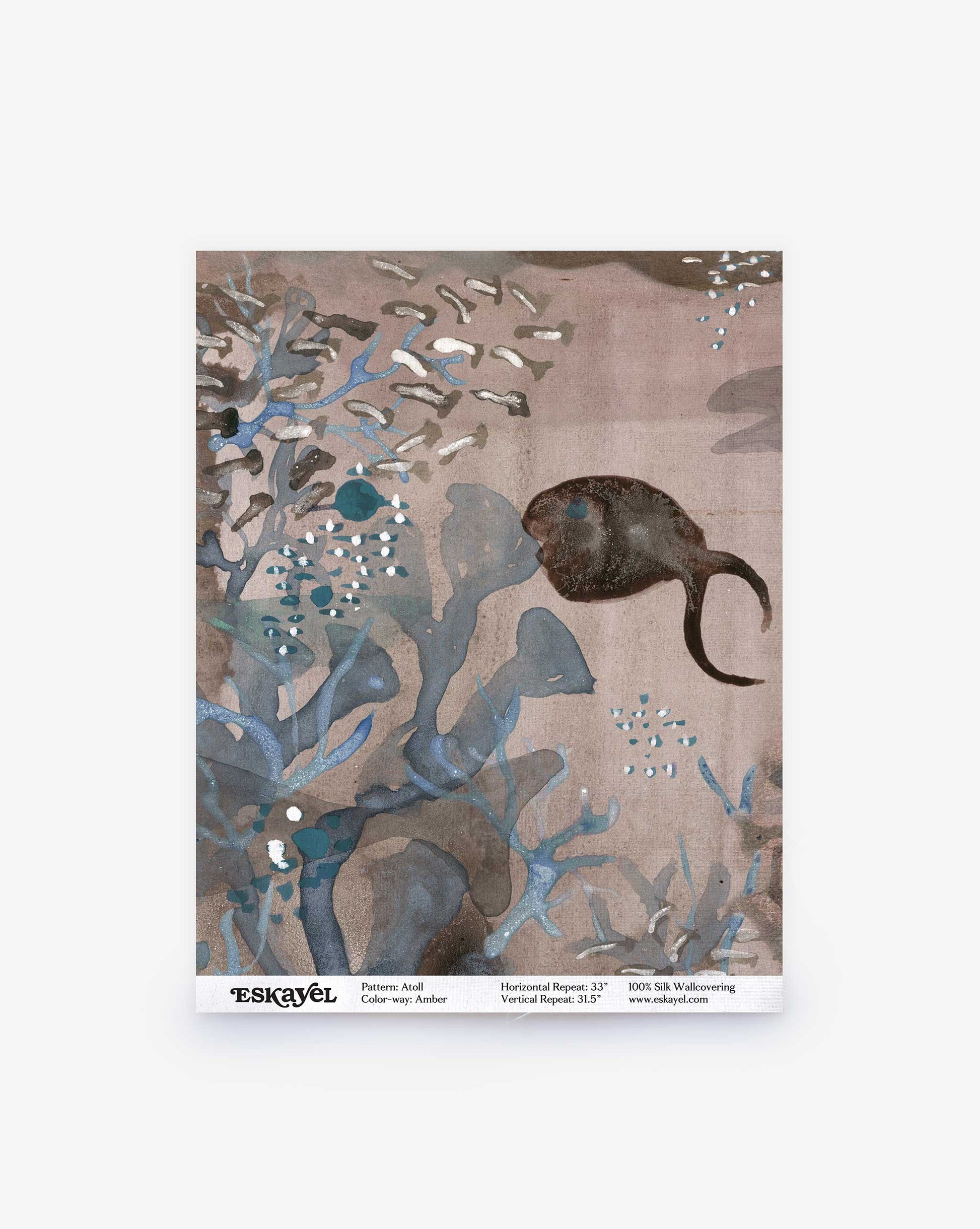 The Atoll Silk Wallcovering swatch in Amber presents a luxurious depiction of aquatic plants and  fishes in blue and brown hues, evoking the essence of ocean creatures.