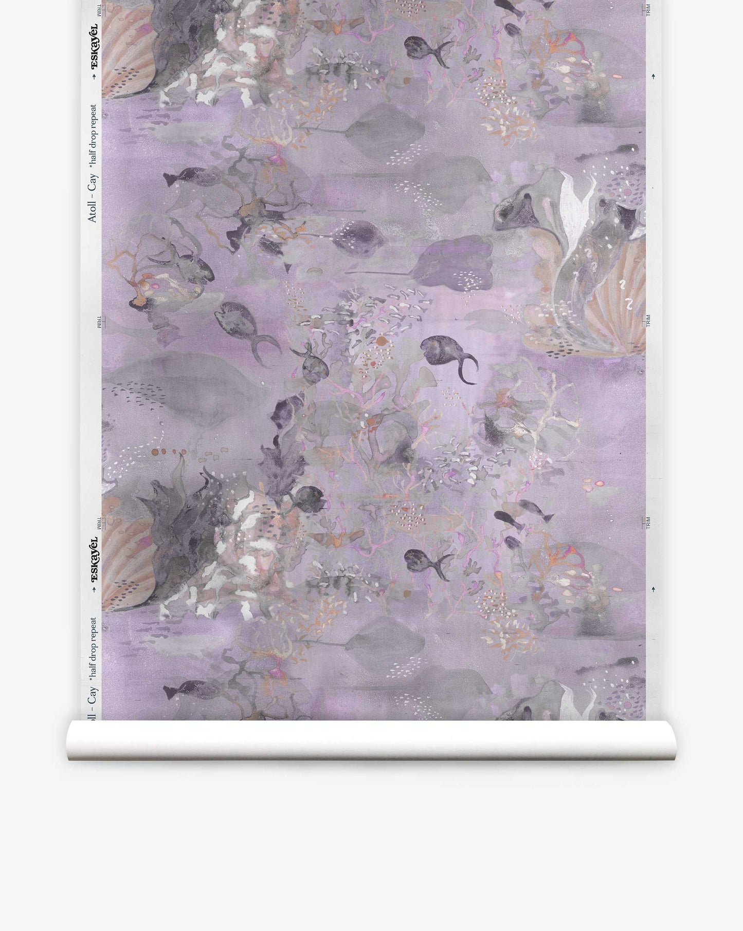 Introducing the Atoll Silk Wallcovering in Cay, a whimsical underwater scene featuring sea creatures and plants in tranquil hues of purple, gray, and pink. This ocean-inspired design transforms any room into a serene aquatic oasis.