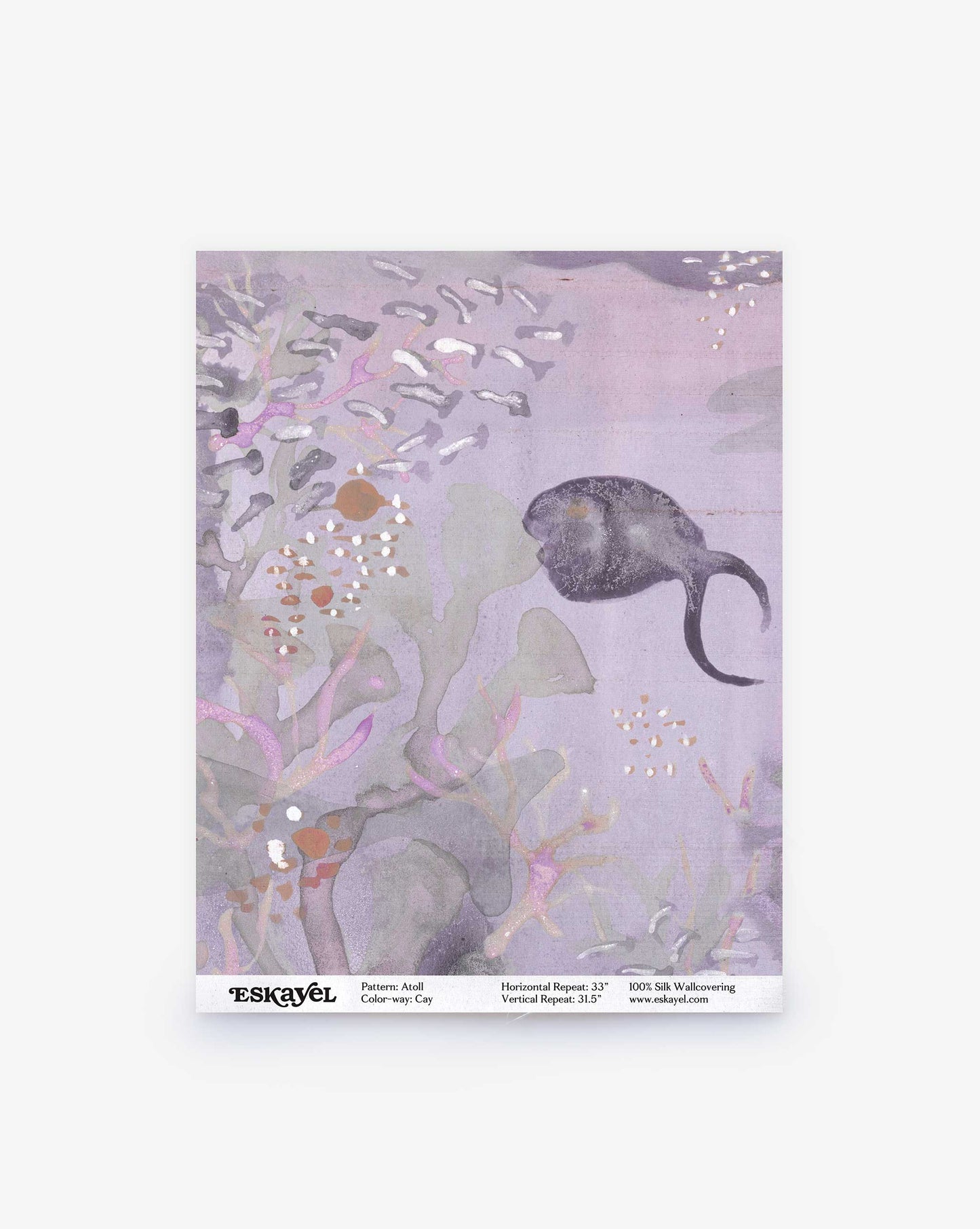 Eskayel's Atoll Silk Wallcovering swatch in Cay showcases a dark fish swimming through abstract purple and green plants, creating oceanic tranquility.