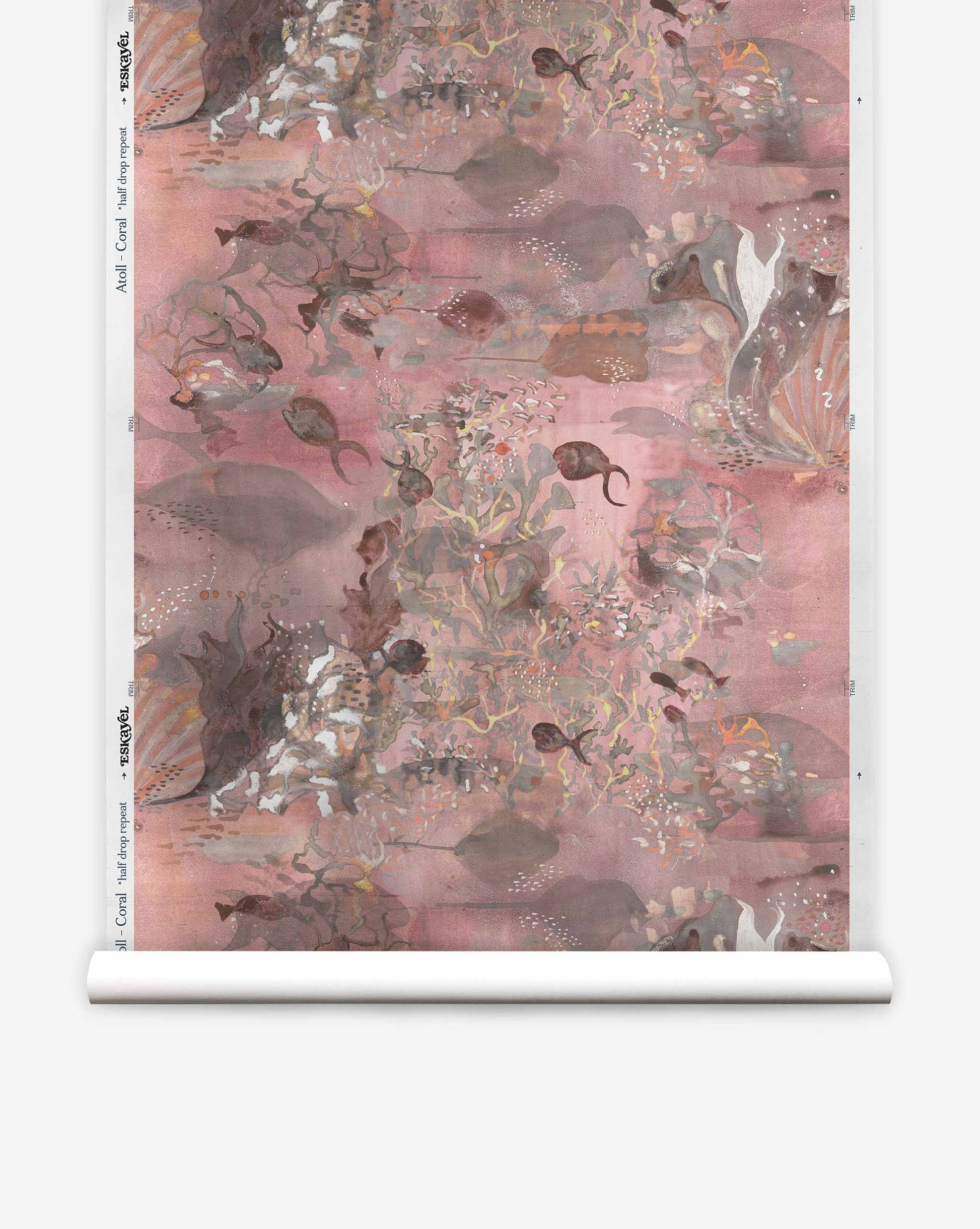 The Atoll Silk Wallcovering in Coral features a coral reef design with a pink base, using muted colors like brown and gray, evoking an aquatic world.