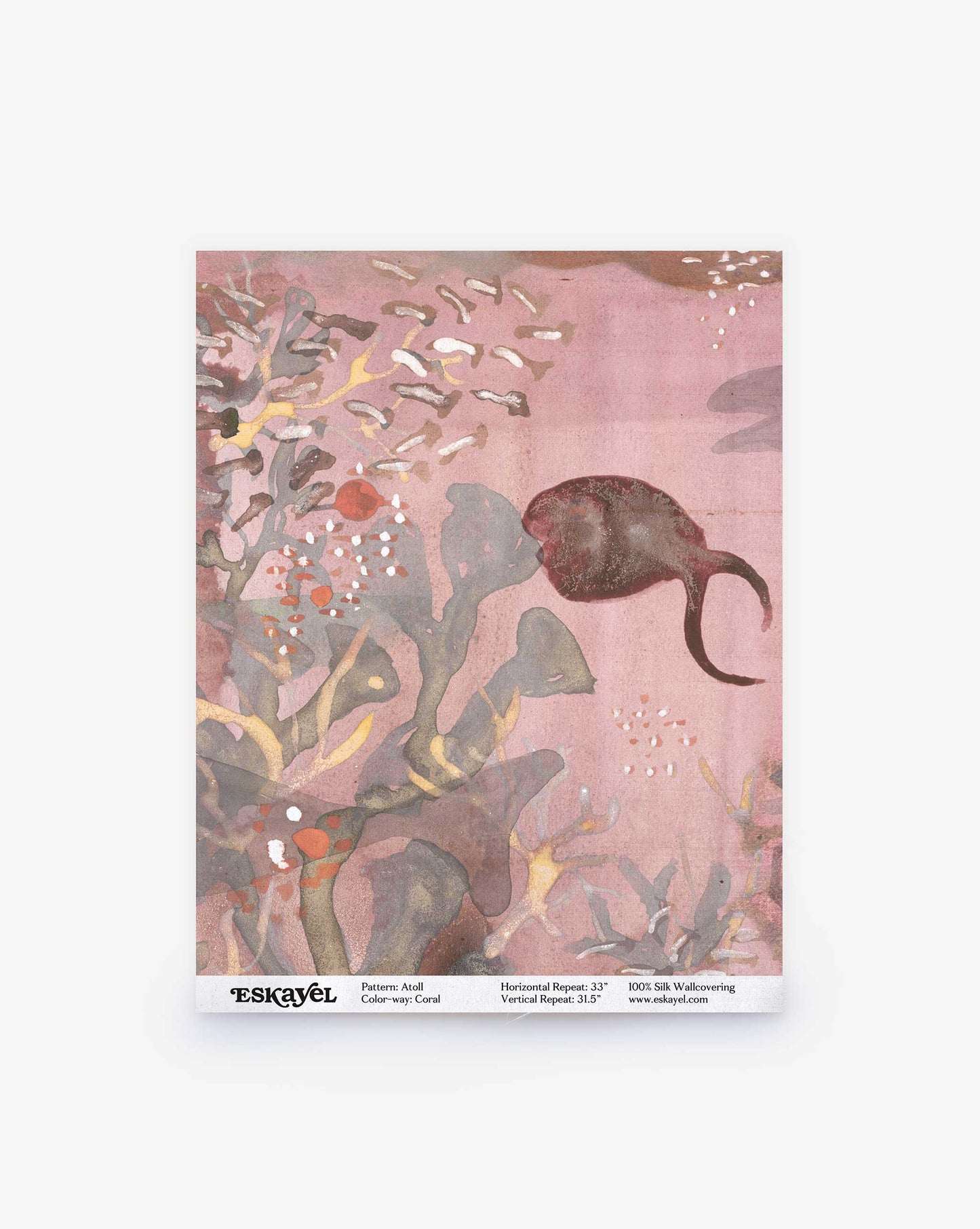 The Atoll Silk Wallcovering swatch in Coral features an illustrated fish and underwater plants using muted colors that evoke a serene coral palette.